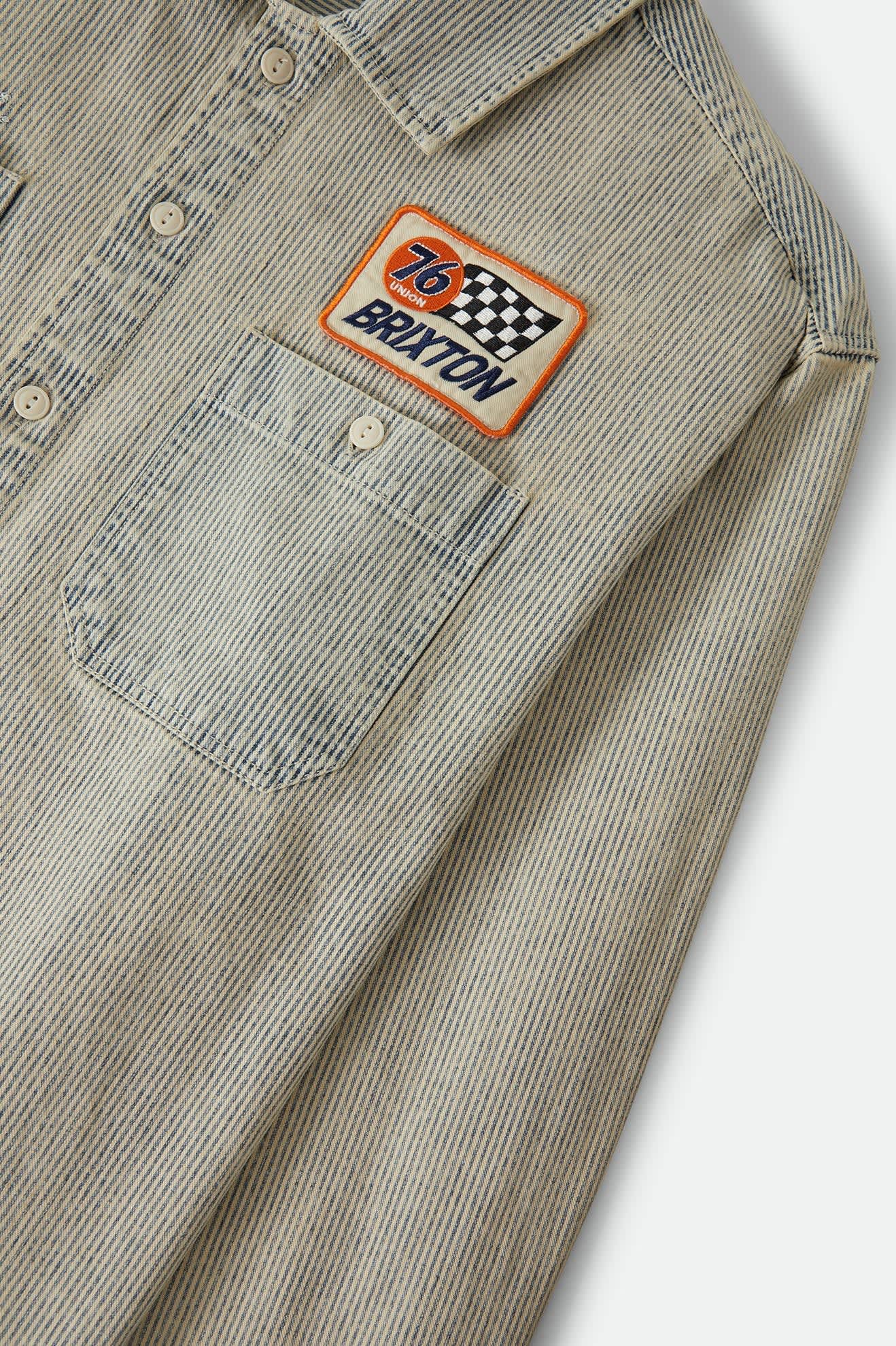 Men's 76 Mechanics Shirt in the color Navy/Off White Hickory Stripe - Additional Laydown image