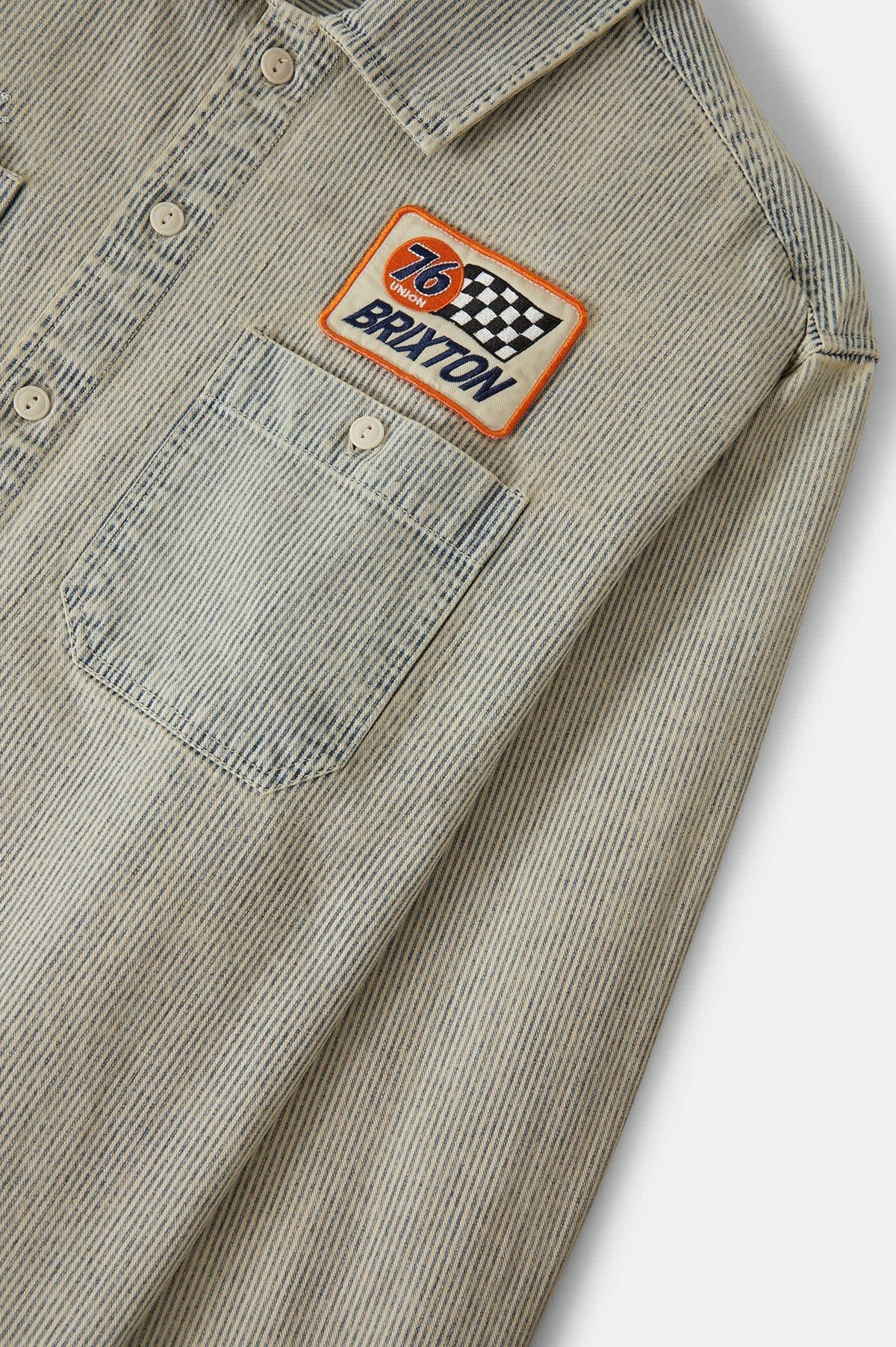 Men's 76 Mechanics Shirt in the color Navy/Off White Hickory Stripe - Additional Laydown image