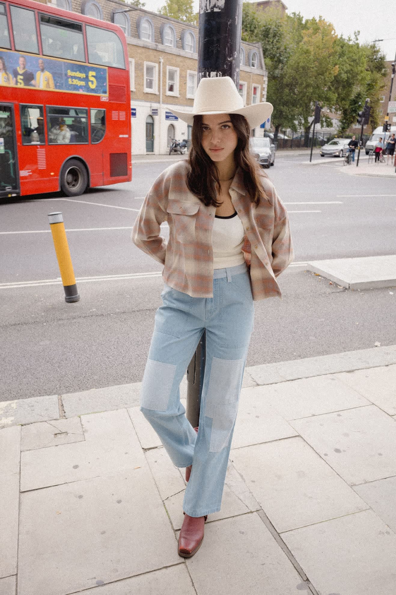 Women's Bowery Crop Women's Overshirt in the color Soft Tan Window Plaid - Women's Lifestyle image