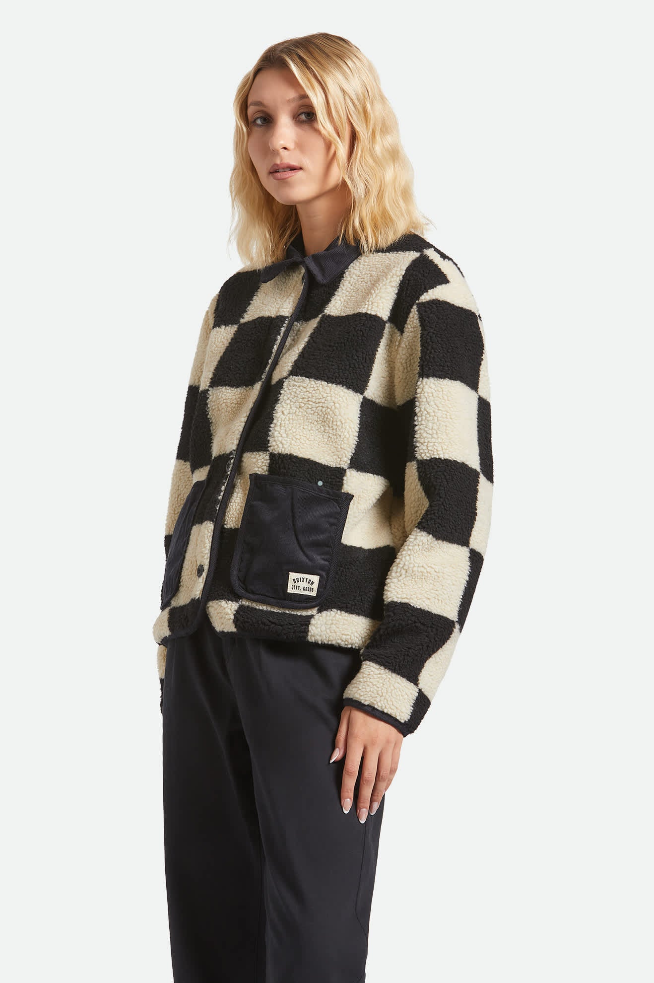 Women's Delilah Sherpa Jacket in the color Black/Natural Finish Line Checker - Women's Side View