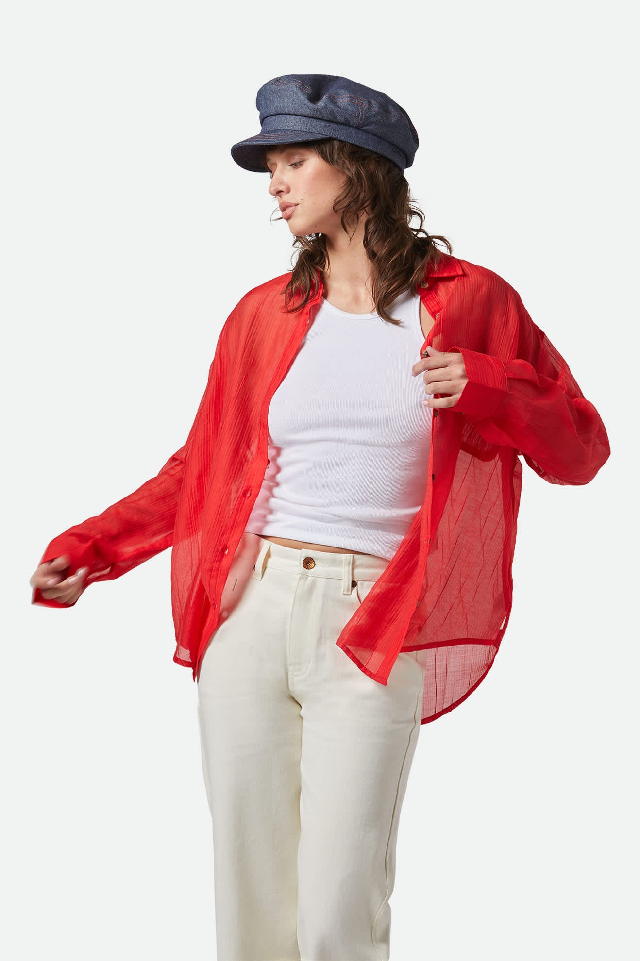 Women's East Side Boxy L/S Button Down in the color Crimson - Women's Front View
