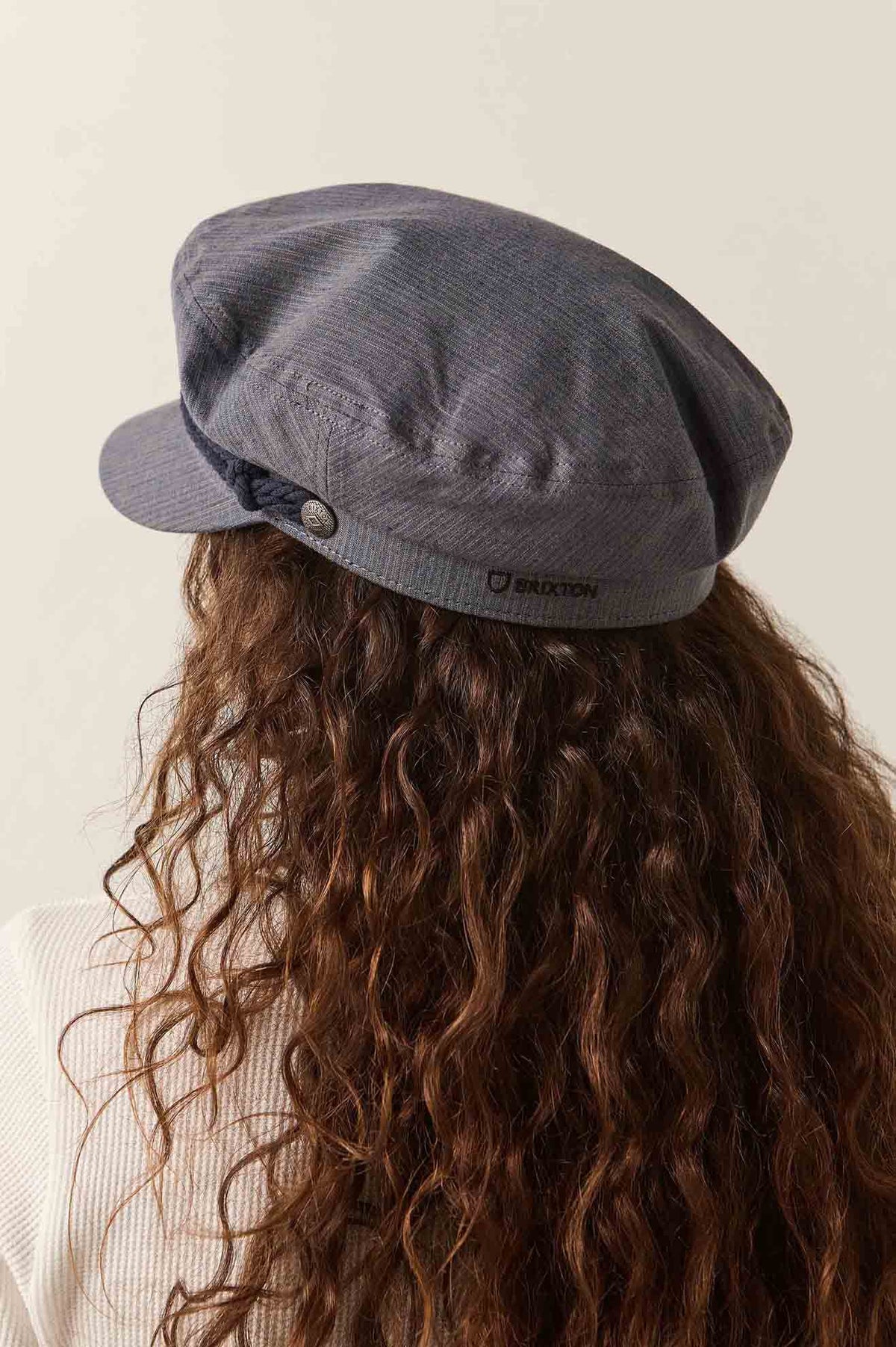 Unisex Fiddler Fisherman Cap in the color Indigo/Dark Sand - Women's Back View
