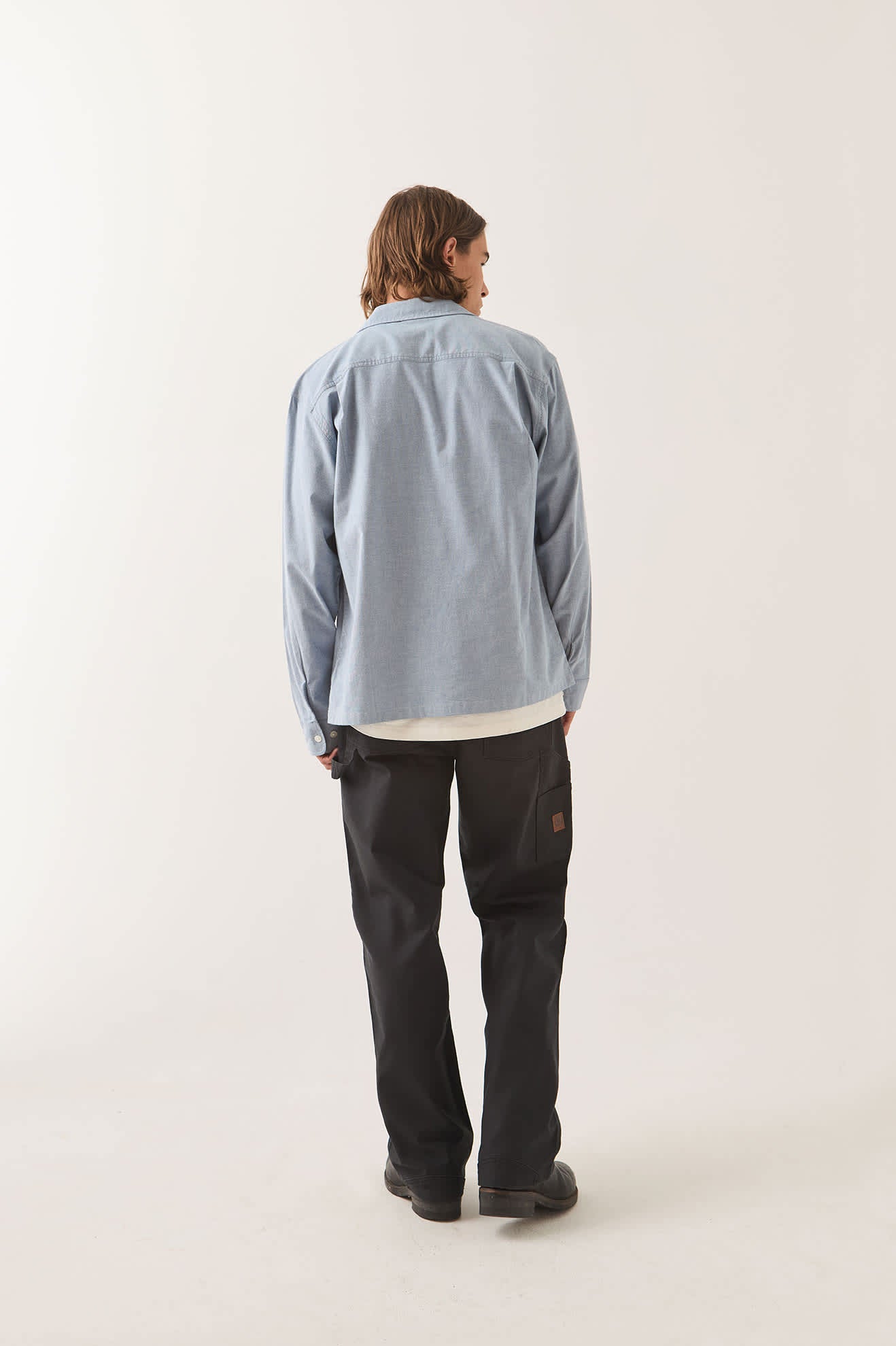 Men's Ford Service Dept Workshirt in the color Blue Chambray - Men's Back View