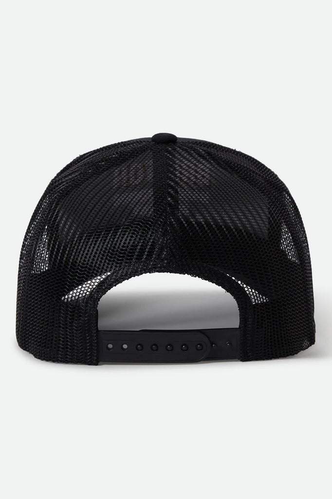 Unisex Crest Netplus Trucker Hat in the color Black/Black - Back Style View