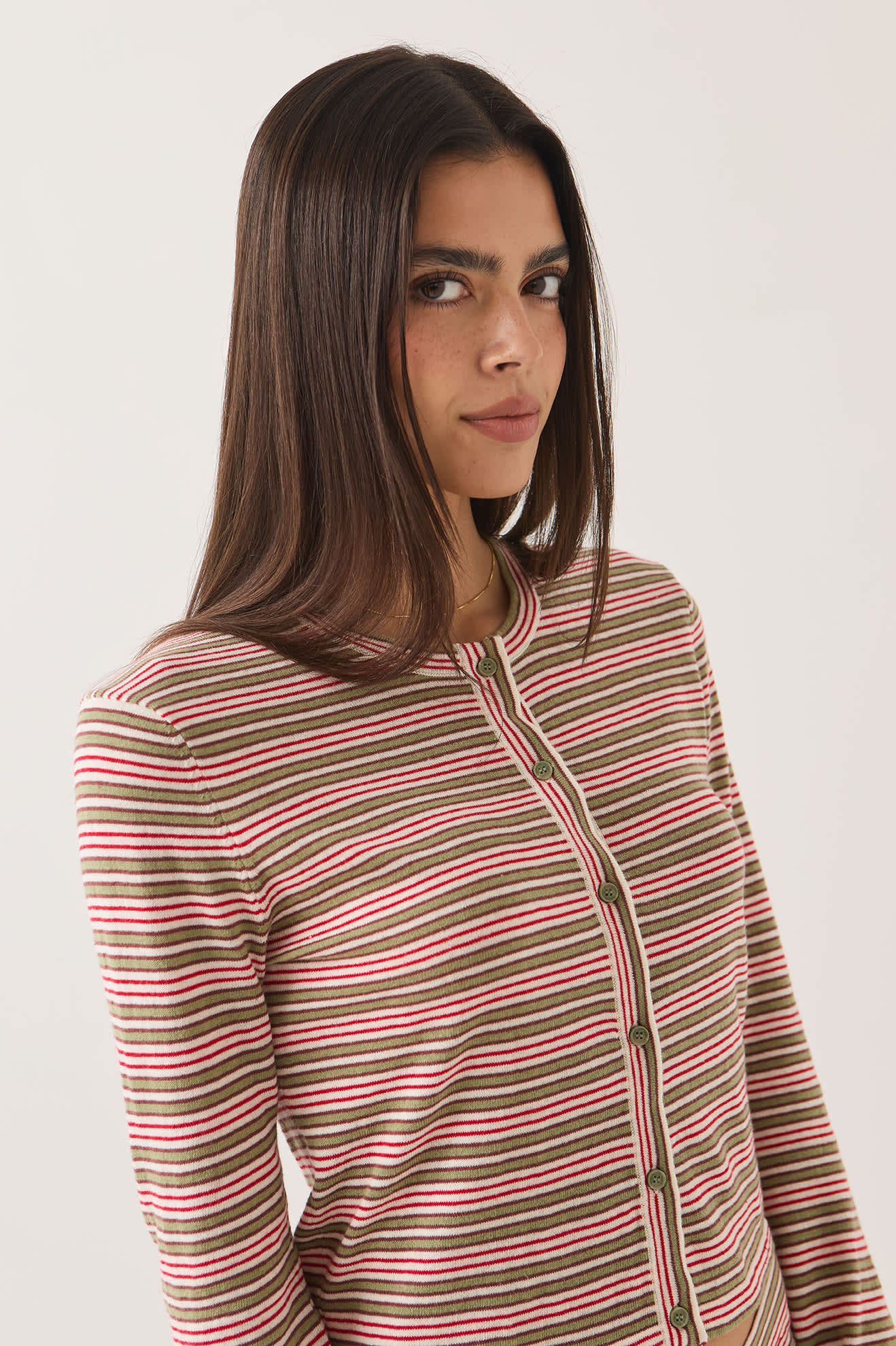 Women's Bixby Lightweight Cardigan in the color Green Multi Stripe - Additional Fit image