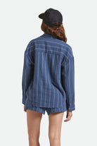 Women's Wandering L/S Overshirt in the color Berring Sea/White - Women's Back View