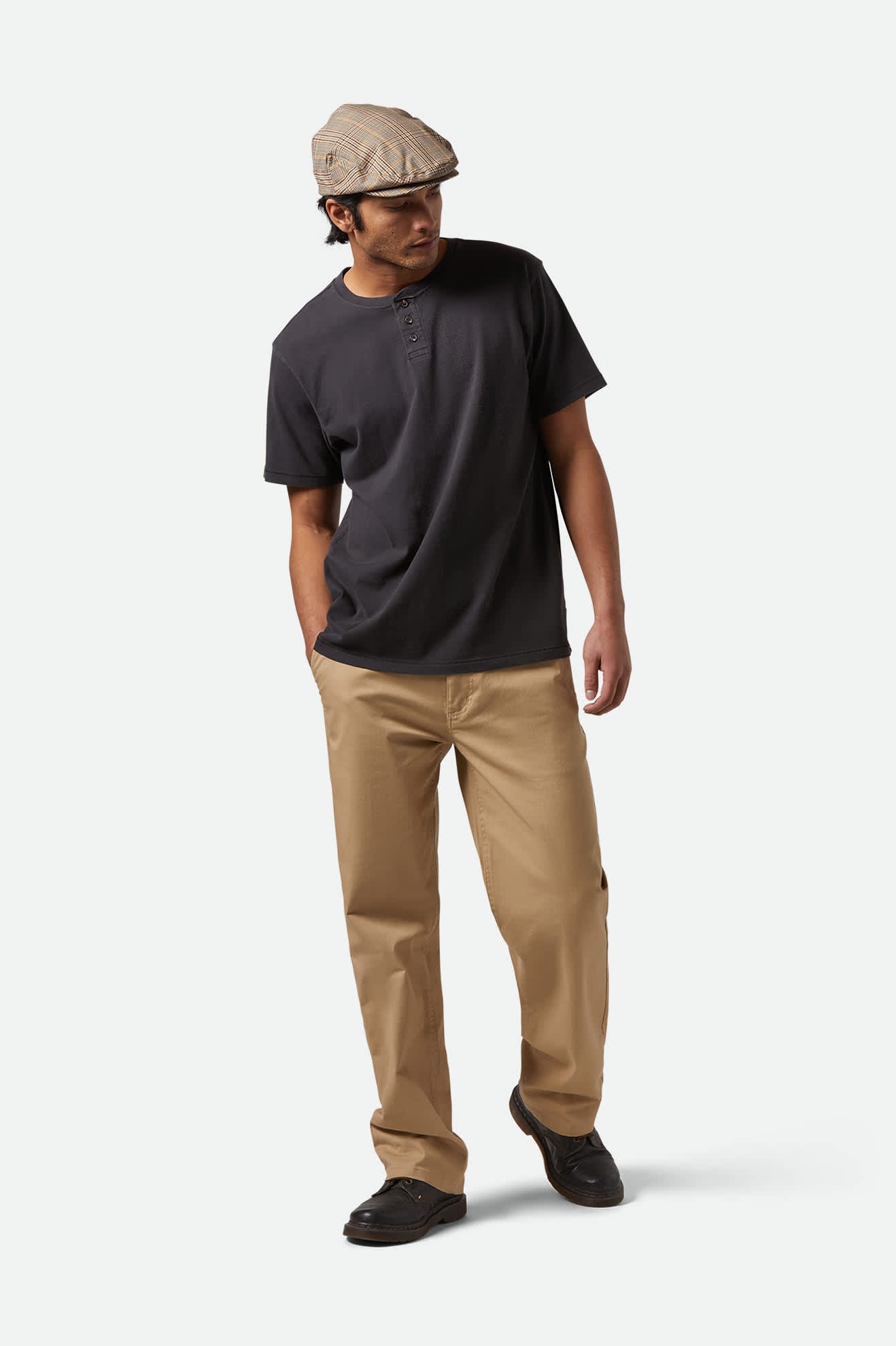 Unisex Vintage Reserve S/S Henley in the color Black Sol Wash - Additional Fit View