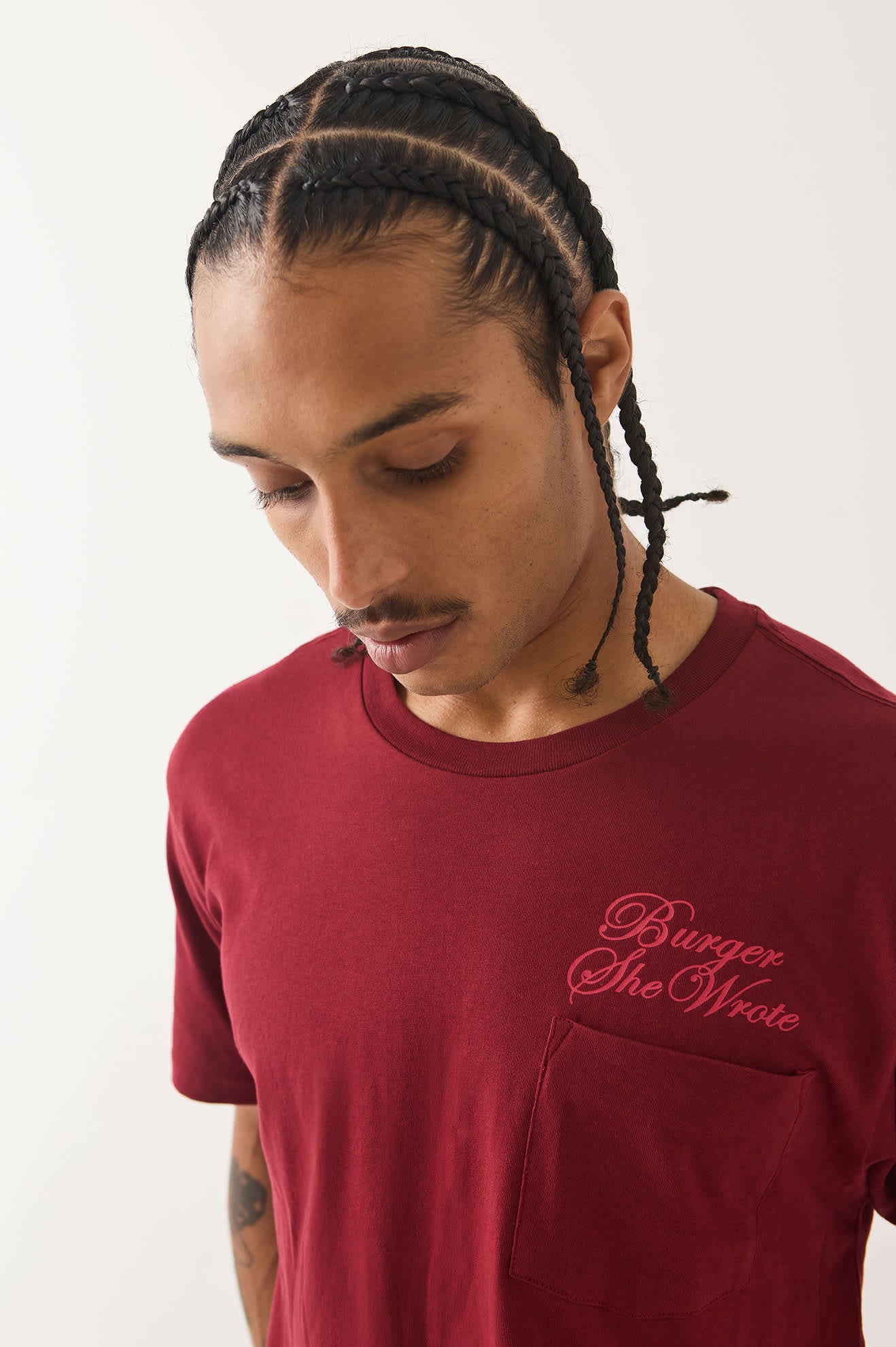 Men's Burger She Wrote Pocket T-Shirt in the color Burgundy - Men's Side View