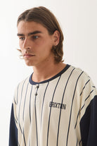 Men's Boxy Baseball T-Shirt in the color Off White Stripe/Washed Navy - Men's Side View