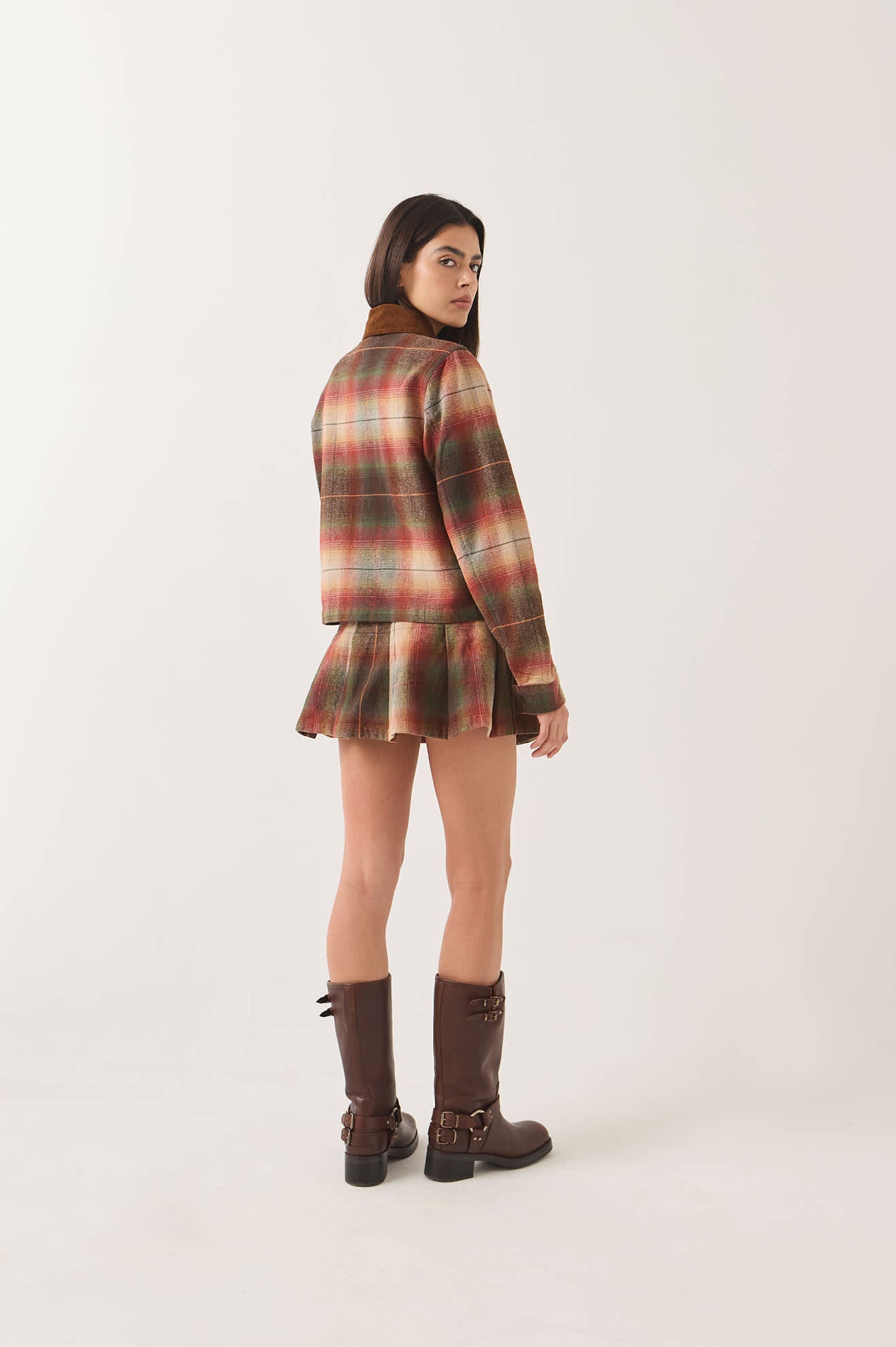 Women's Pleated Mini Skirt in the color Multi Shadow - Women's Back View