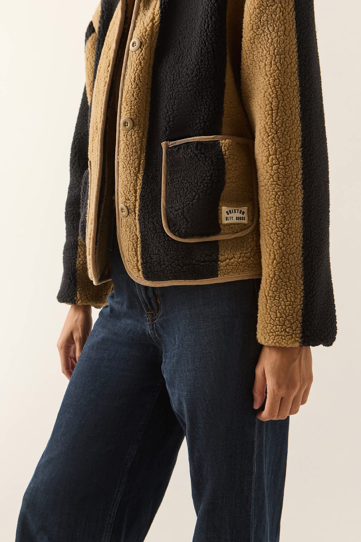 Women's Delilah Sherpa Jacket in the color Khaki/Black Stripe - Women's Side View