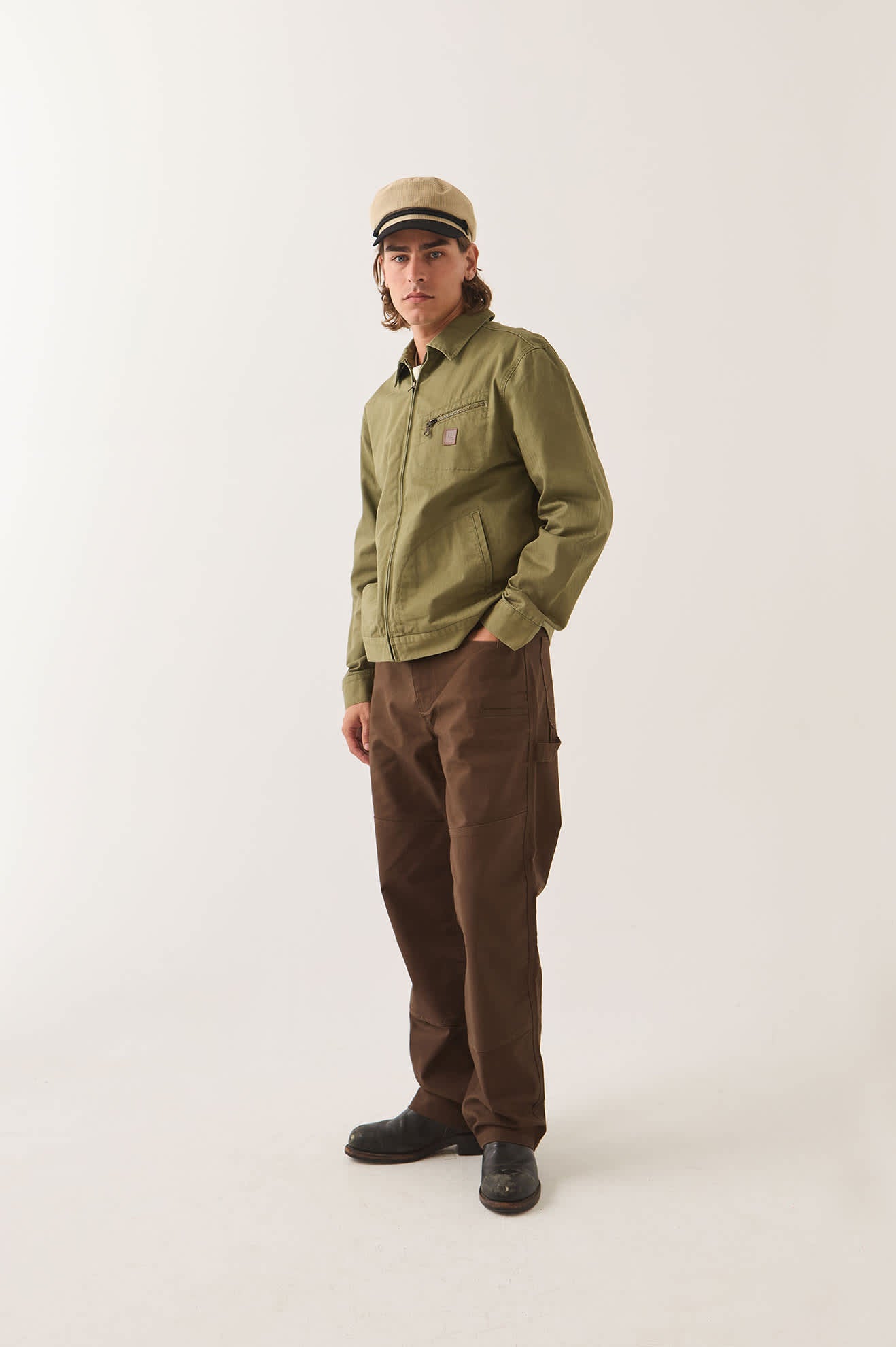 Men's Mechanic Garage Zip Jacket in the color Olive Surplus Herringbone - Additional Fit image