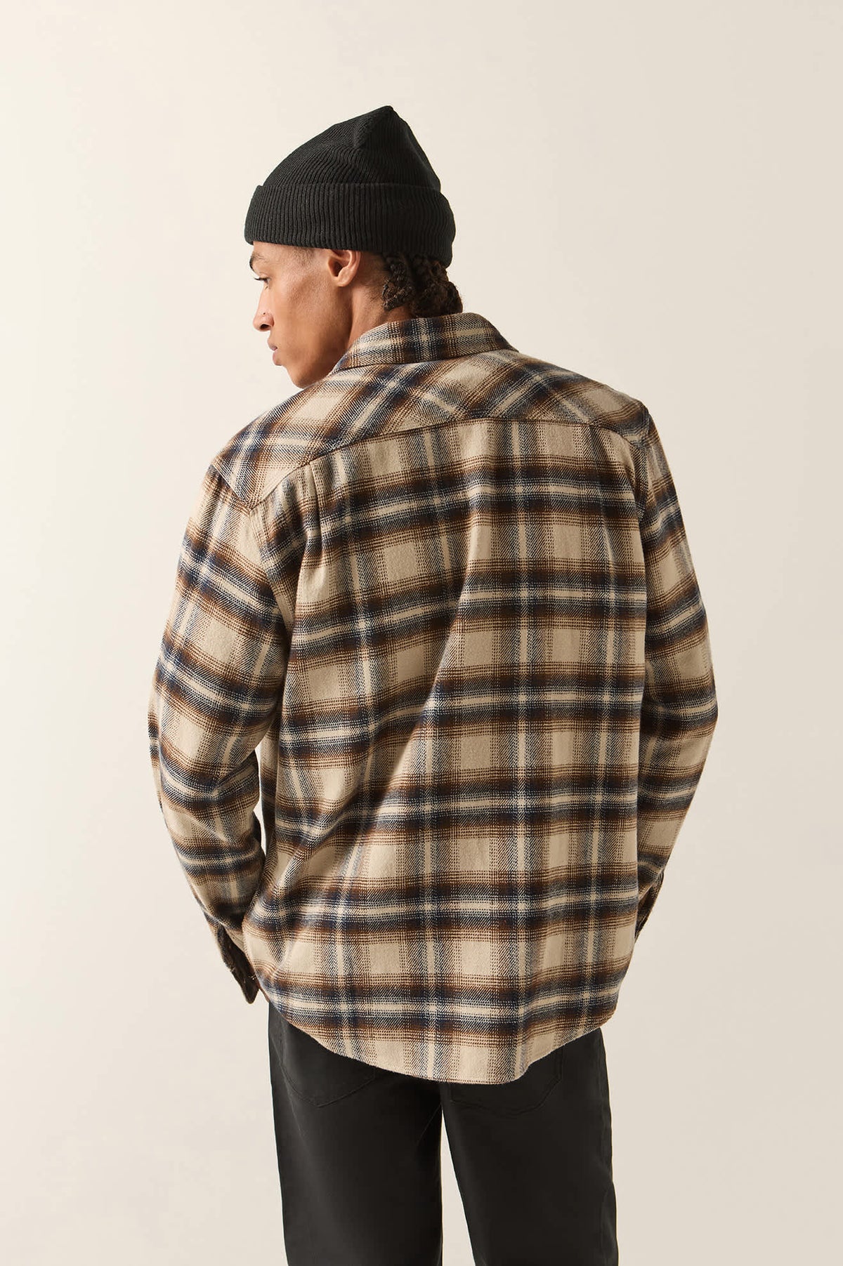 Men's Bowery Flannel in the color Soft Brown Plaid - Men's Back View