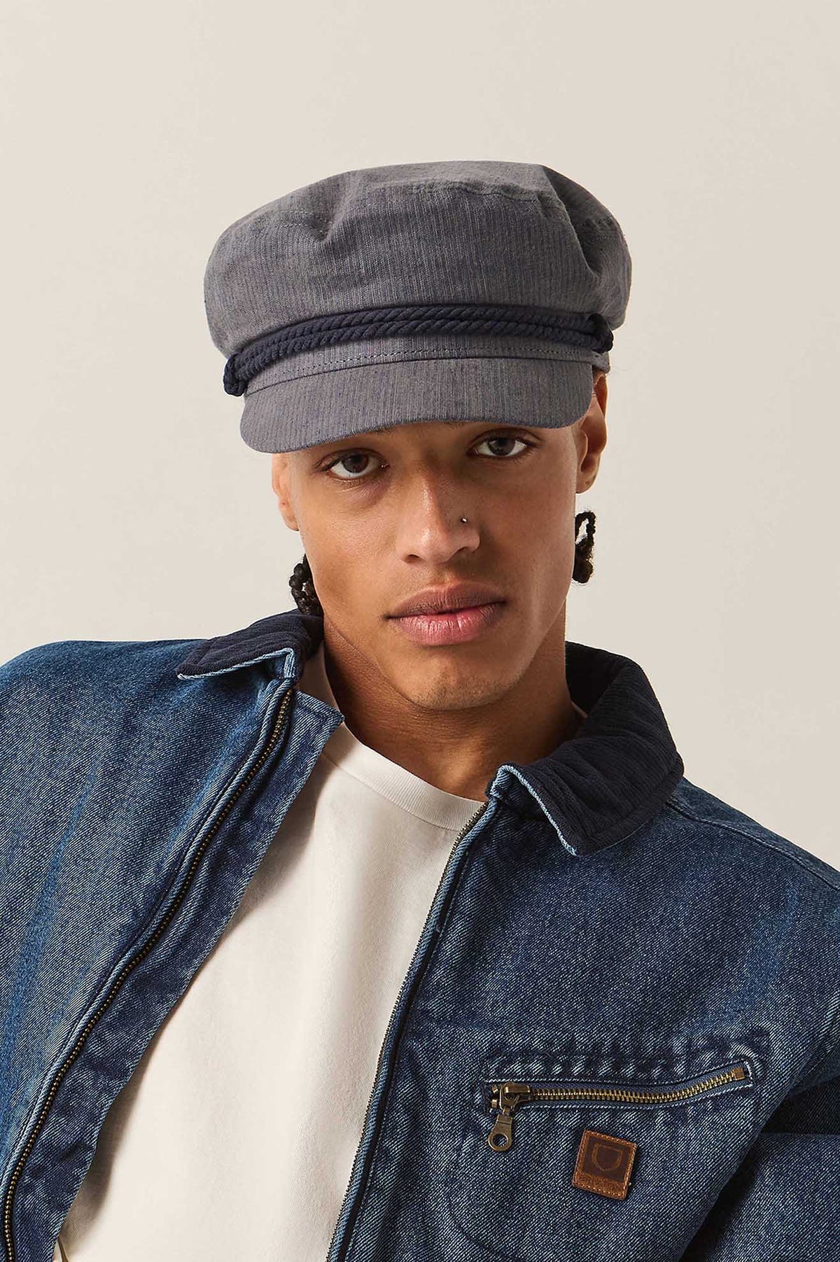 Unisex Fiddler Fisherman Cap in the color Indigo/Dark Sand - Men's Front View