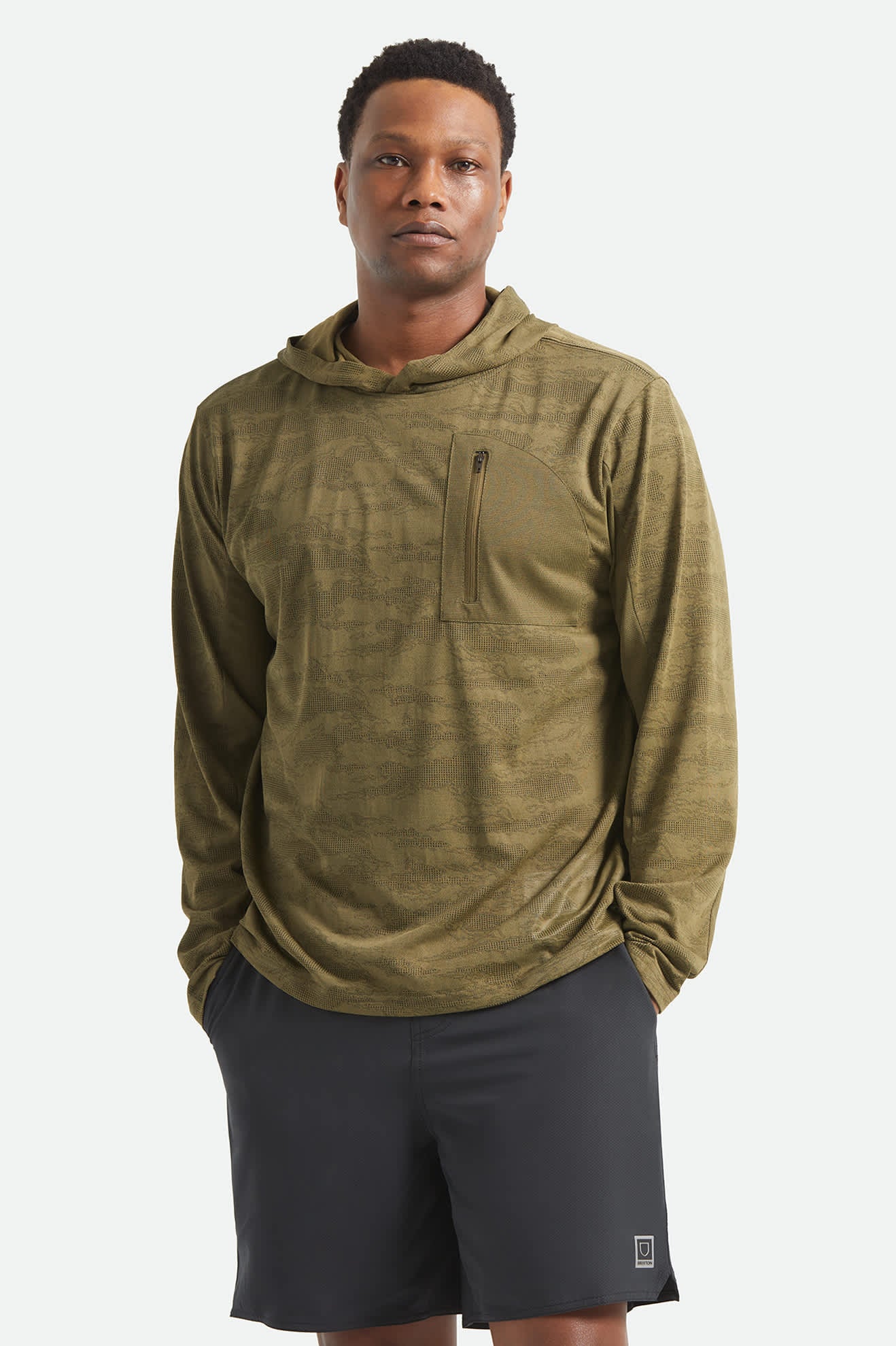 Men's Journey Long Sleeve Sun Hoodie in the color Olive Tiger Camo - Men's Front View