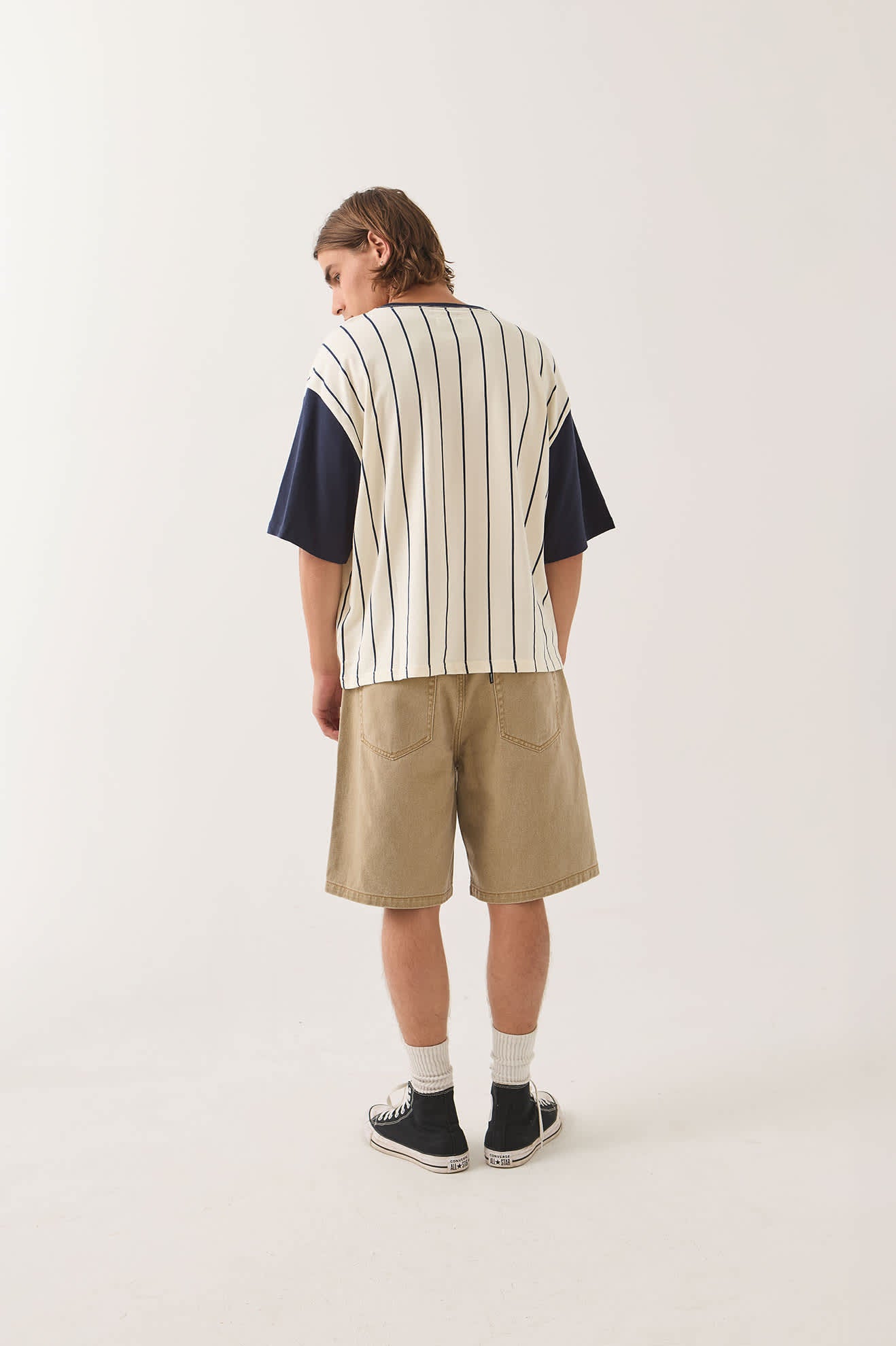 Men's Boxy Baseball T-Shirt in the color Off White Stripe/Washed Navy - Men's Back View