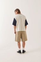 Men's Boxy Baseball T-Shirt in the color Off White Stripe/Washed Navy - Men's Back View