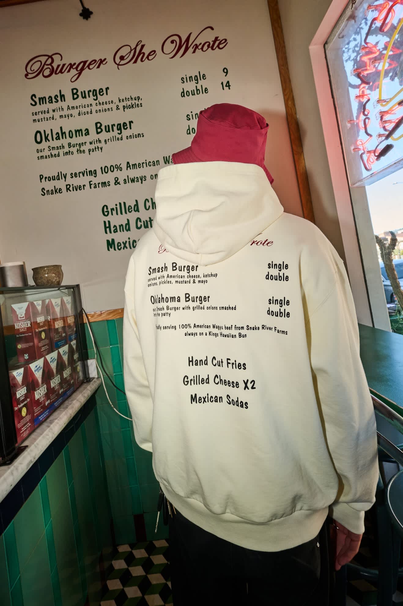 Men's Burger She Wrote Hood in the color Natural - Men's Back View