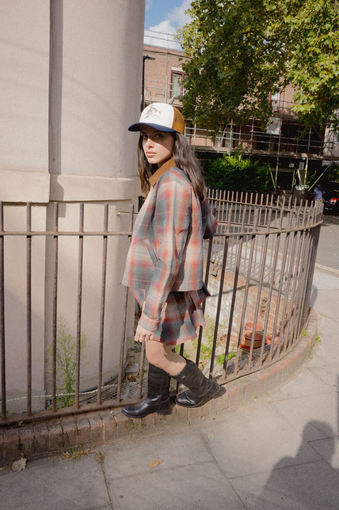 Unisex Mid Century Ranch Trucker Hat in the color Off White/Washed Navy/Caramel - Women's Lifestyle image