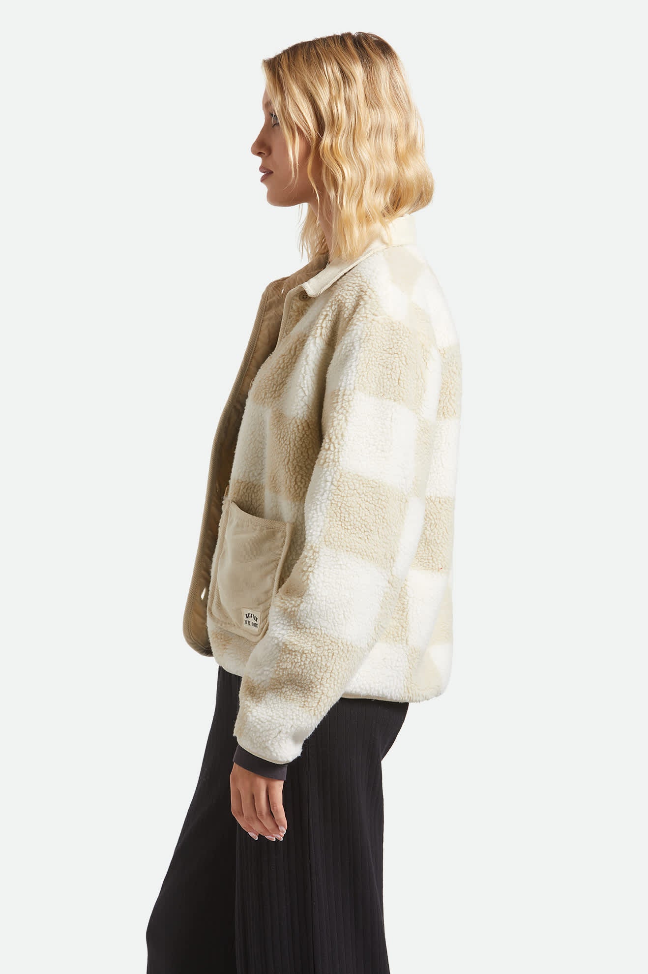 Women's Delilah Sherpa Jacket in the color White/Natural Finish Line Checker - Women's Side View