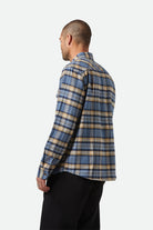 Men's Bowery L/S Flannel in the color Azure Blue/Washed Navy/Sand - Men's Back View
