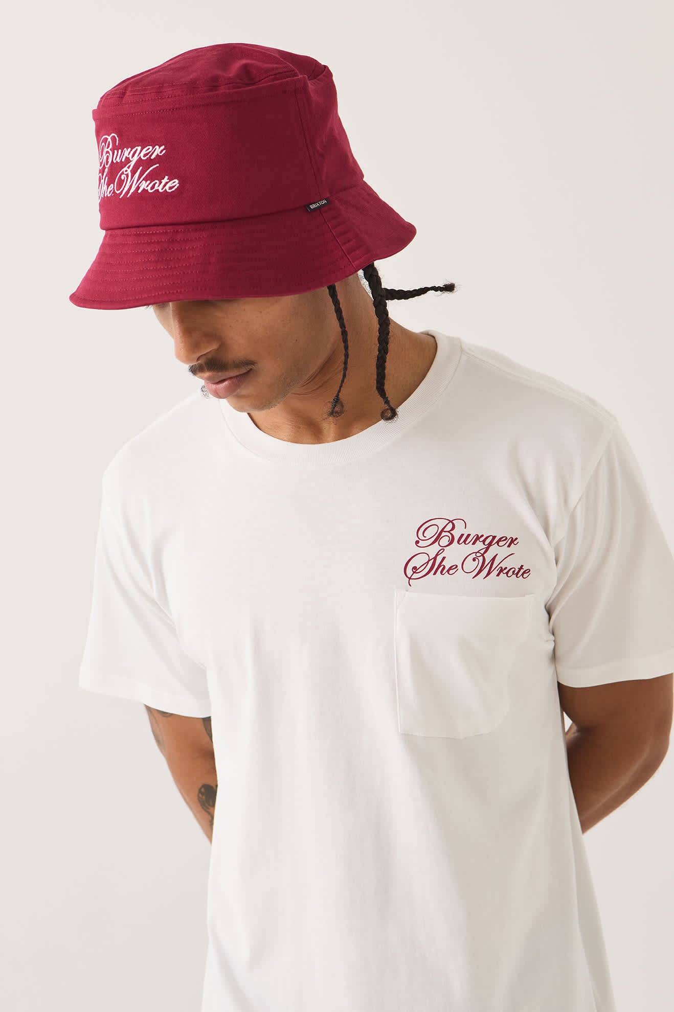 Unisex Burger She Wrote Bucket Hat in the color Burgundy - Men's Side View