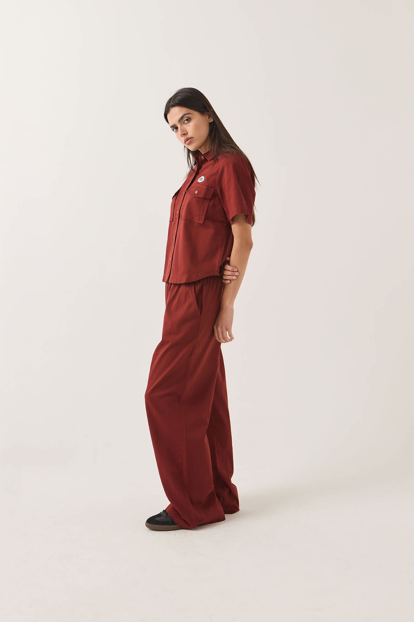 Women's Mechanics Women's Shirt in the color Dark Brick - Women's Side View