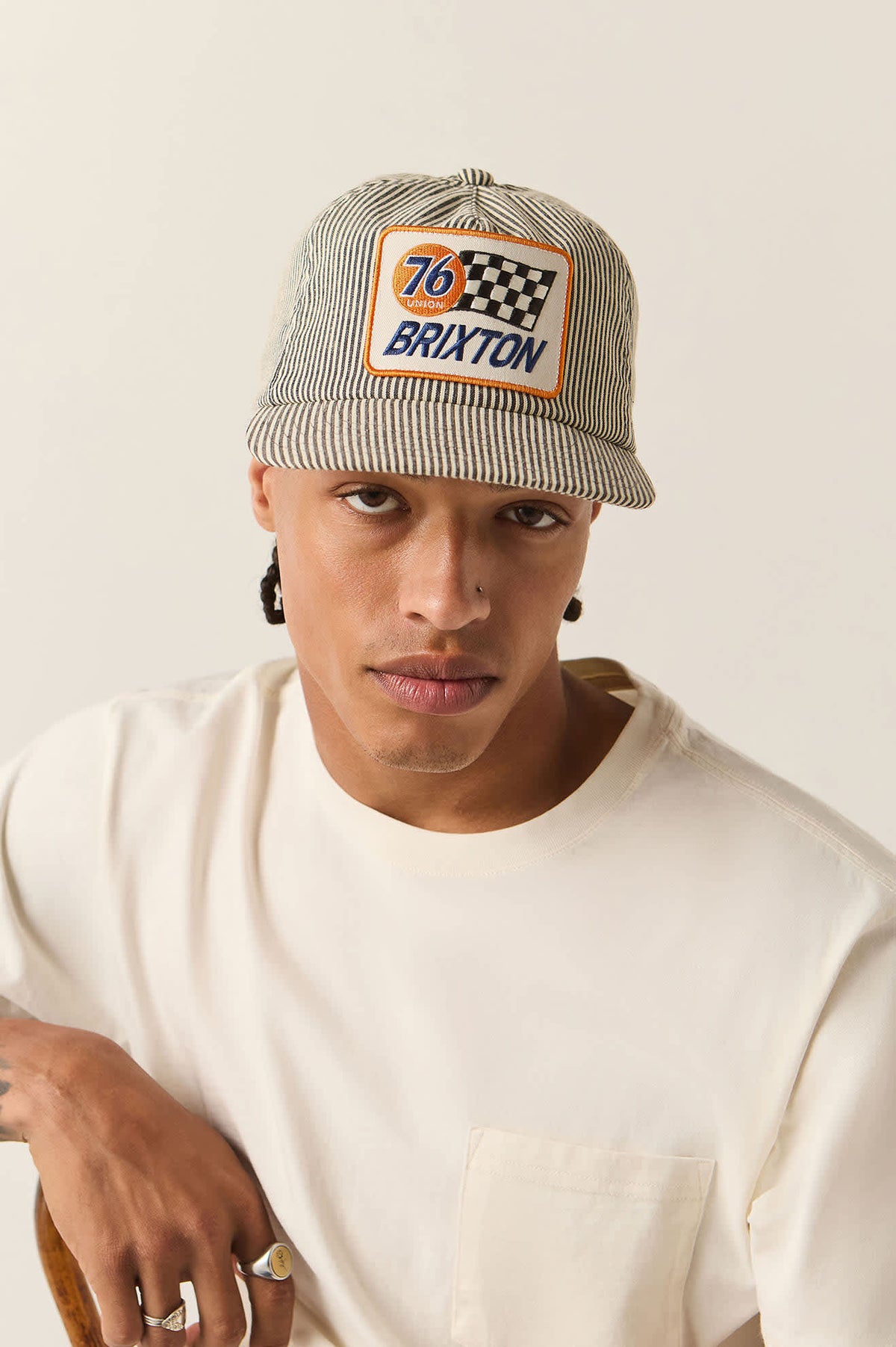 Unisex 76 Finish Line Snapback in the color Navy/Off White Hickory Stripe - Men's Front View