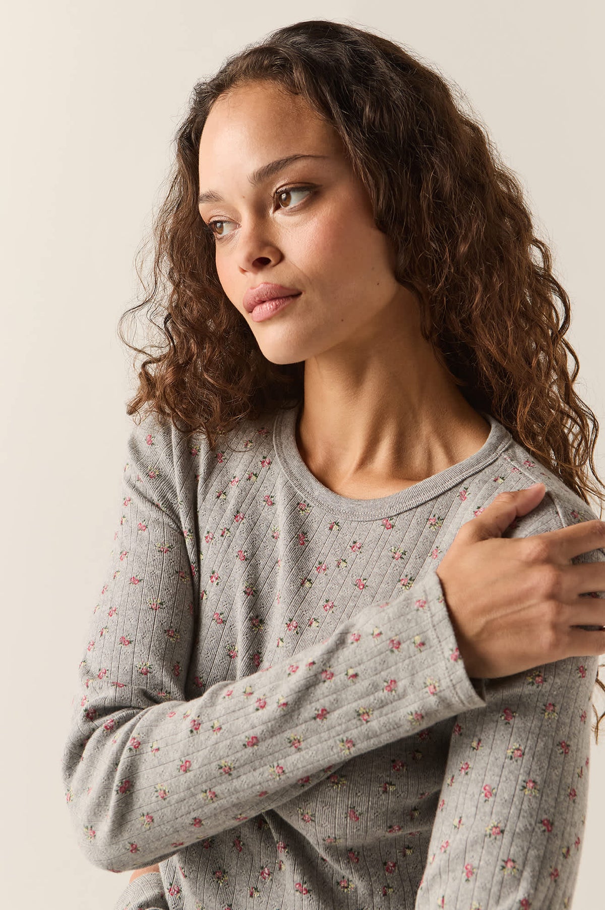 Women's Off Duty Pointelle Knit Top in the color Heather Grey Ditsy Floral - Women's Side View