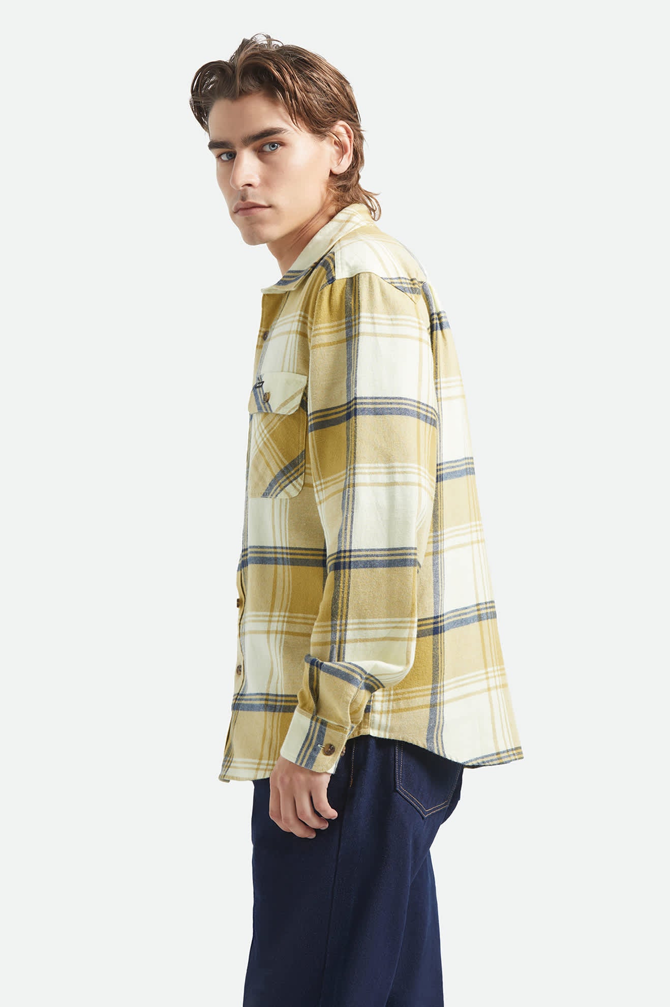 Men's Bowery Lightweight Ultra Soft Flannel in the color Yellow/Dusted Ochre - Men's Side View