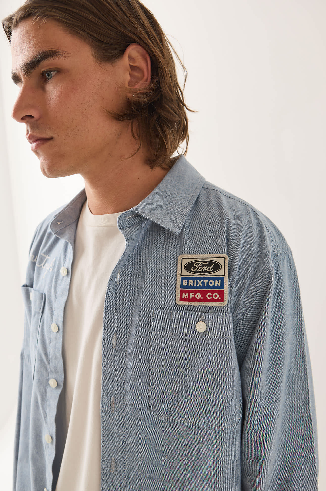 Men's Ford Service Dept Workshirt in the color Blue Chambray - Men's Side View