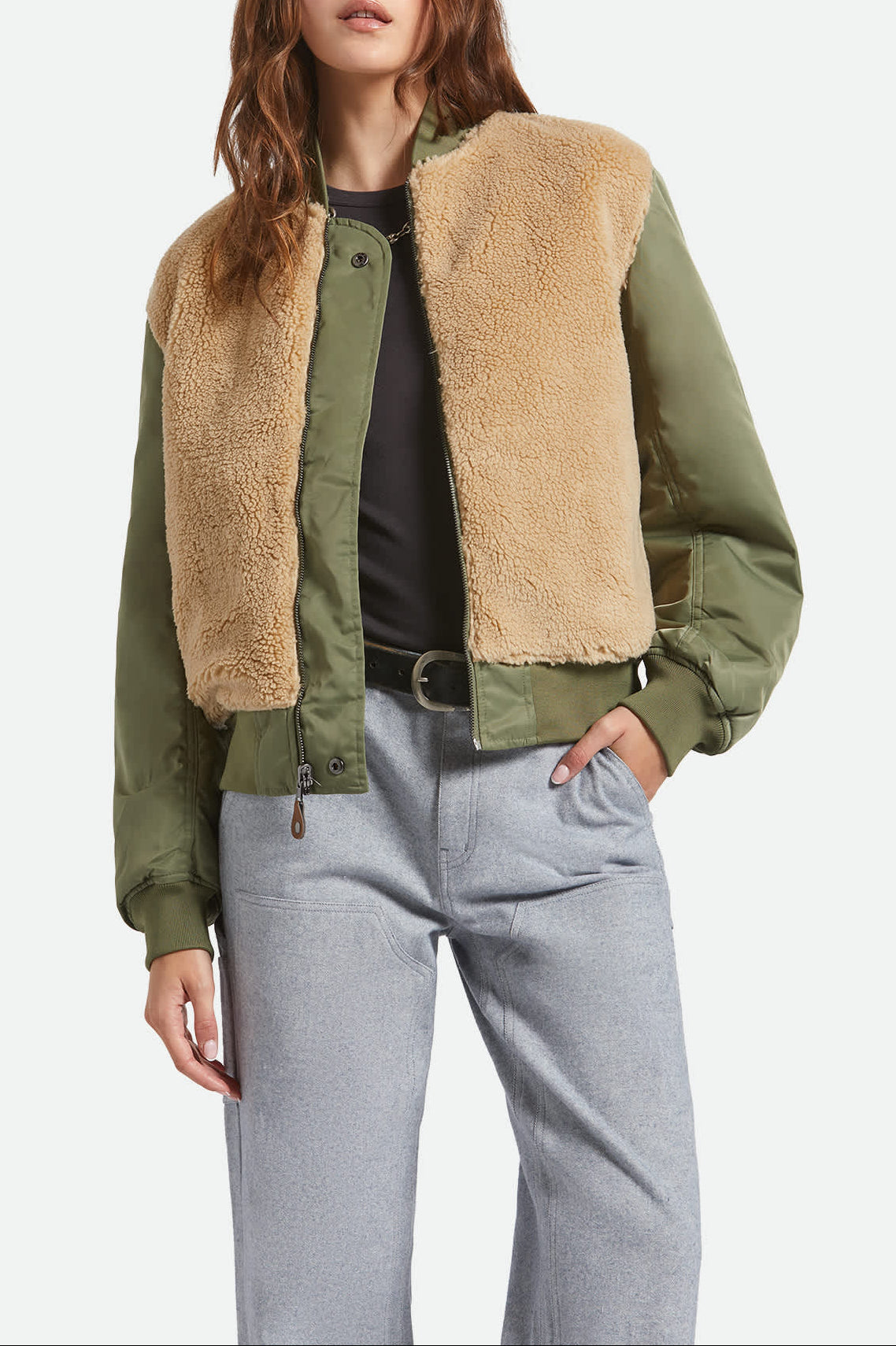 Women's Sherpa Surplus Bomber Jacket in the color Olive Surplus - Women's Front View