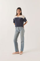 Women's Varsity Mesh T-Shirt in the color Off White/Washed Navy - Women's Side View