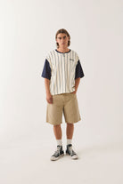Men's Boxy Baseball T-Shirt in the color Off White Stripe/Washed Navy - Men's Front View