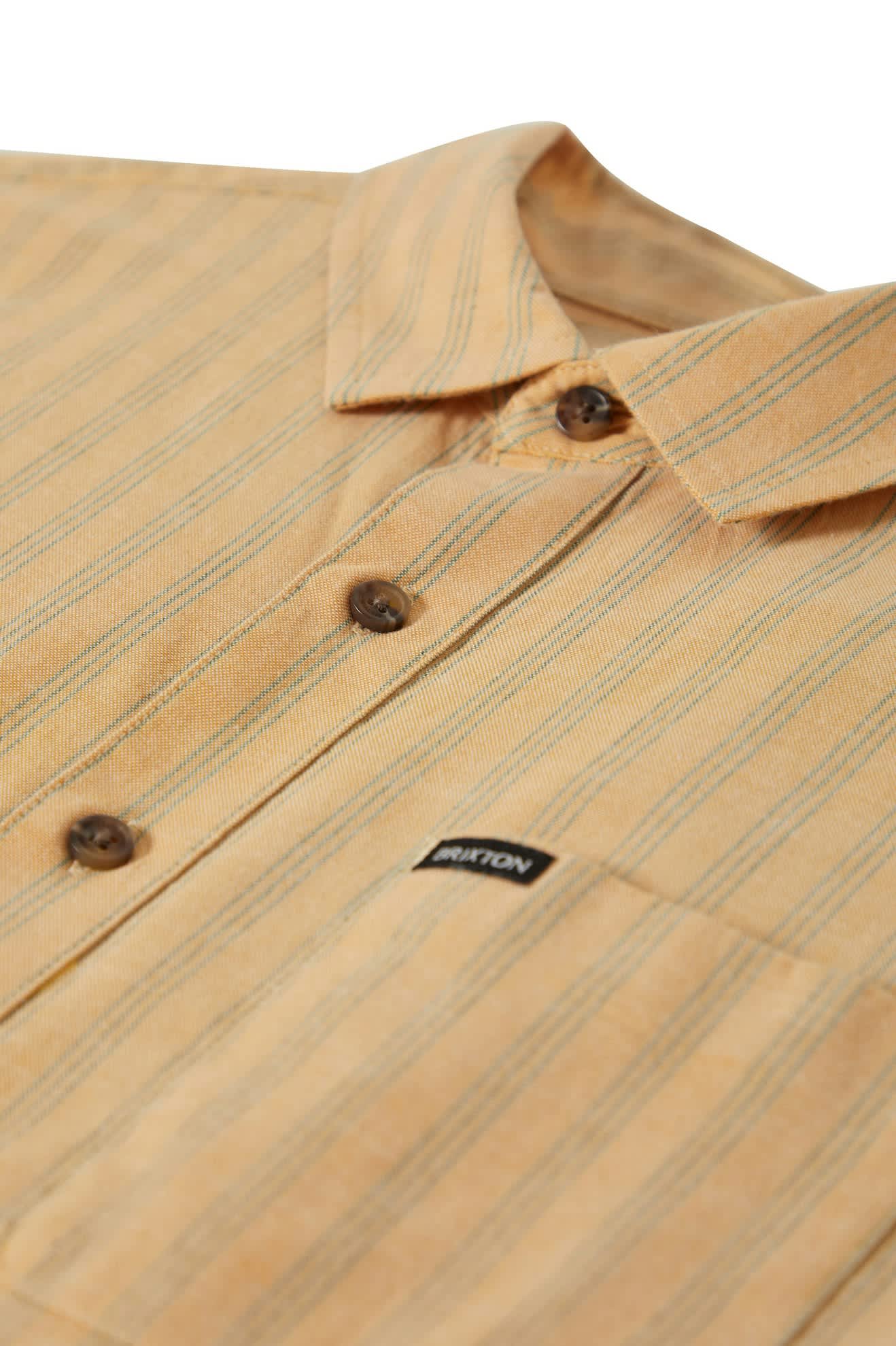 Men's CRU Oxford Stripe S/S Shirt in the color Curry/Ivy Green Stripe - Additional Laydown image