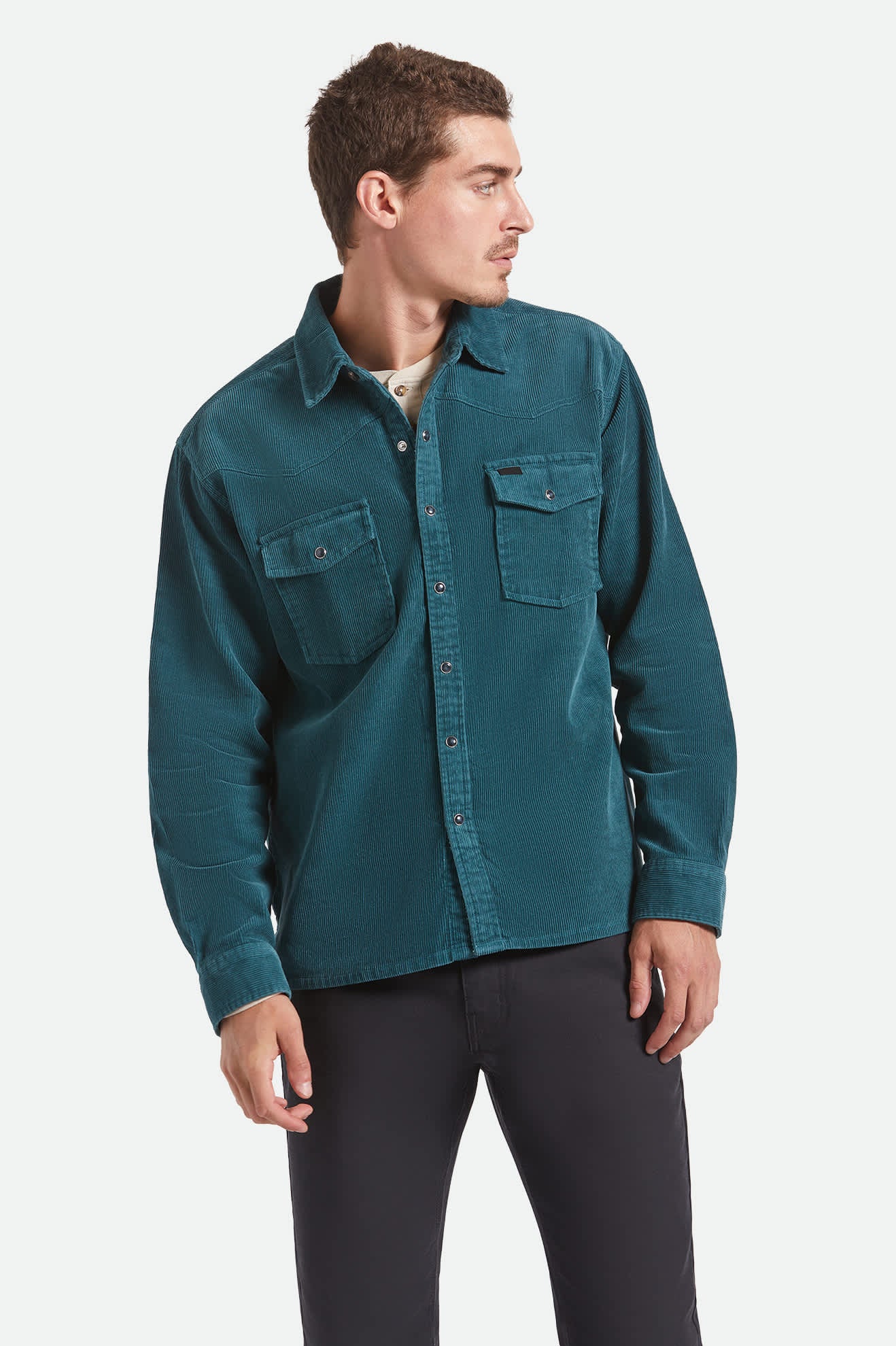 Men's New West Relaxed Overshirt in the color Night Sage Corduroy - Men's Front View