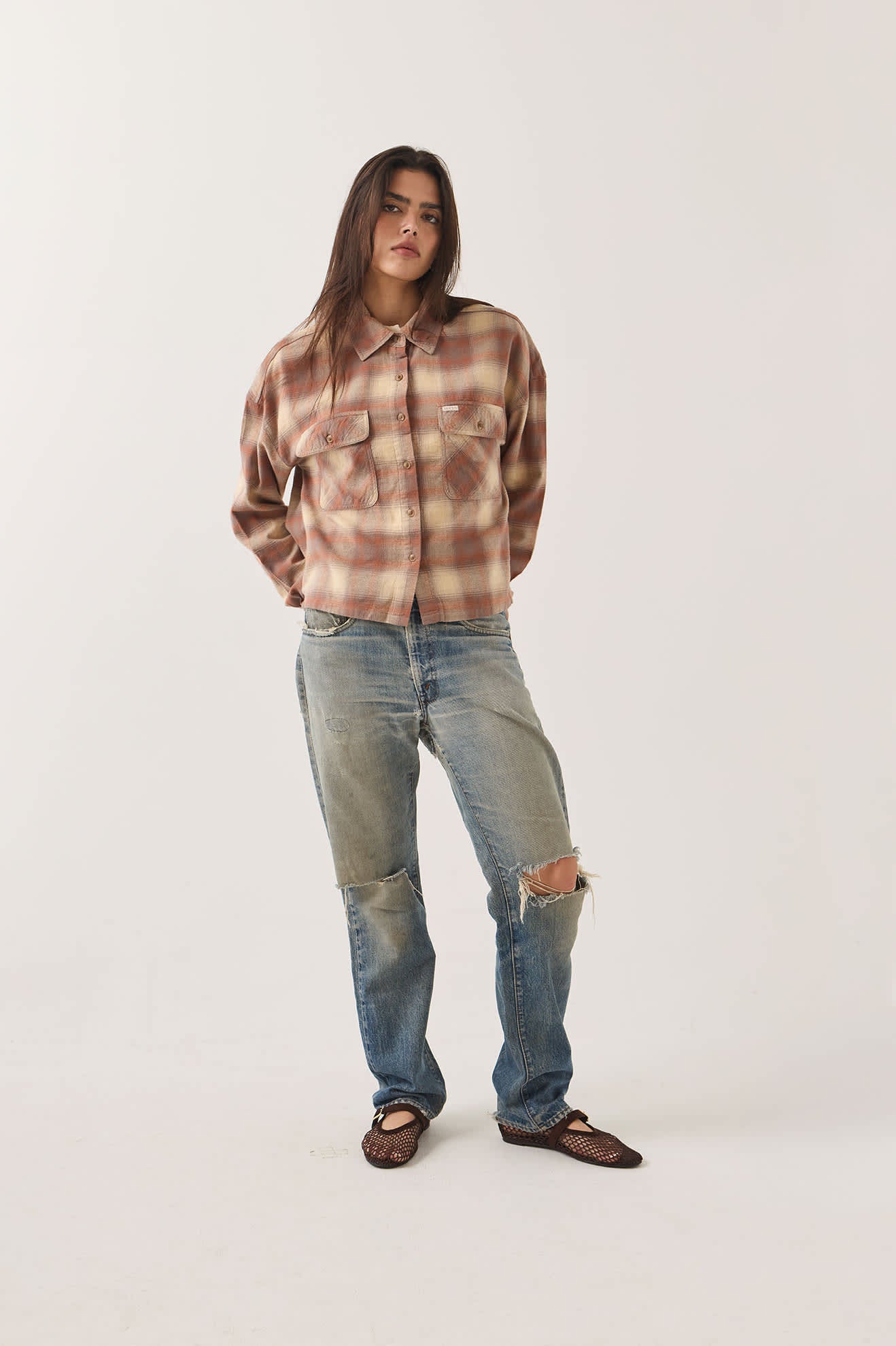 Women's Bowery Crop Women's Overshirt in the color Soft Tan Window Plaid - Women's Front View