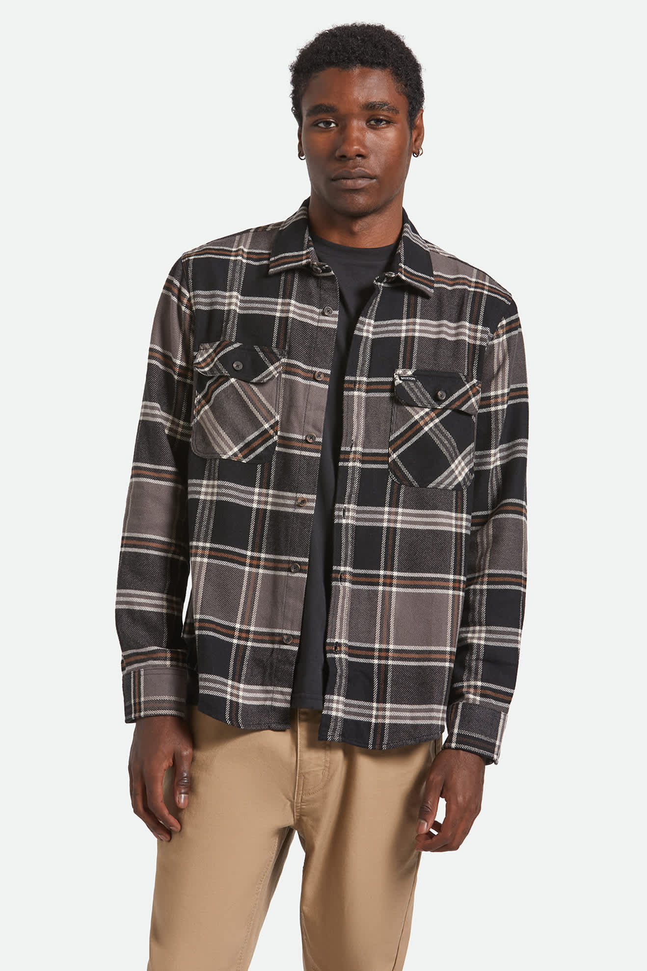 Men's Bowery L/S Flannel in the color Black/Charcoal/Pinecone - Men's Front View