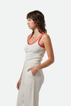 Women's Ringer Organic A-Tank in the color Off White/Crimson - Women's Side View