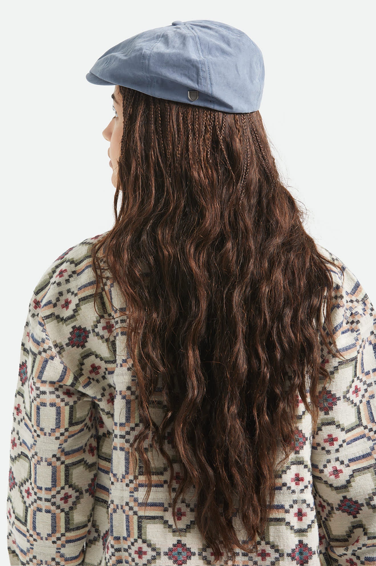 Unisex Brood Newsboy Cap in the color Slate Blue Brushed Satin - Women's Back View