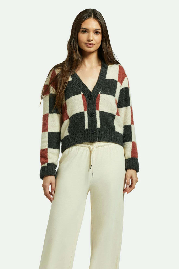 Brixton Women's Rivington Crew Cardigan - Cowhide/Whitecap/Black Check | Front fit