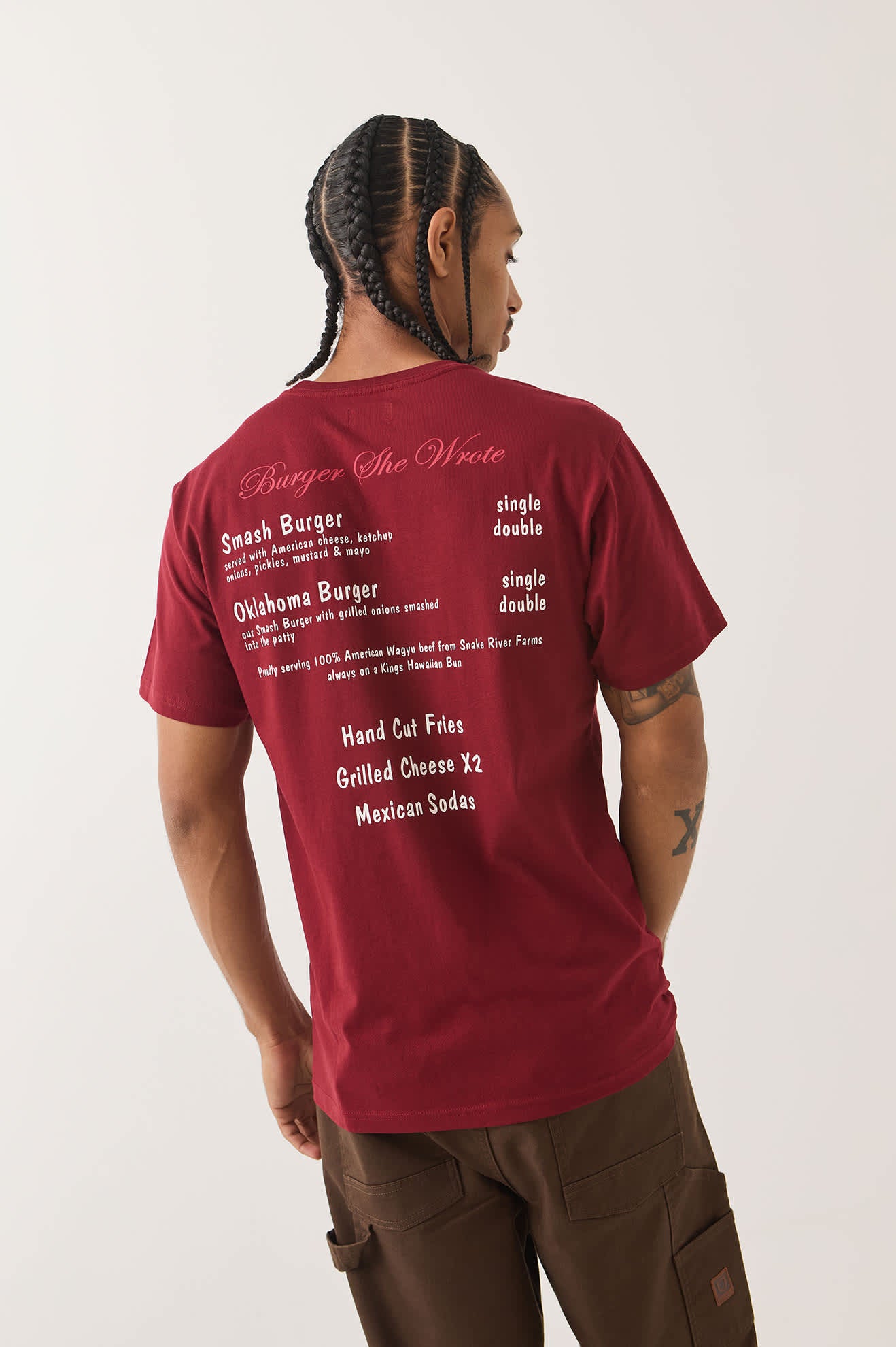 Men's Burger She Wrote Pocket T-Shirt in the color Burgundy - Men's Back View