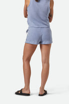 Women's The Weekend Cross Loop French Terry Lounge Short in the color Off White/Electric Indigo - Women's Back View