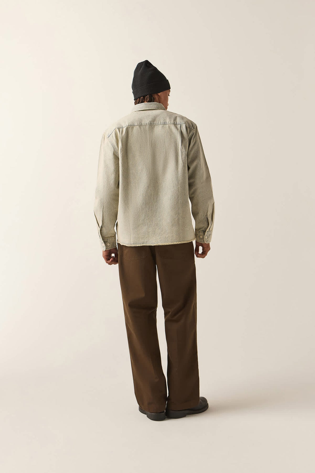 Men's 76 Mechanics Shirt in the color Navy/Off White Hickory Stripe - Men's Back View