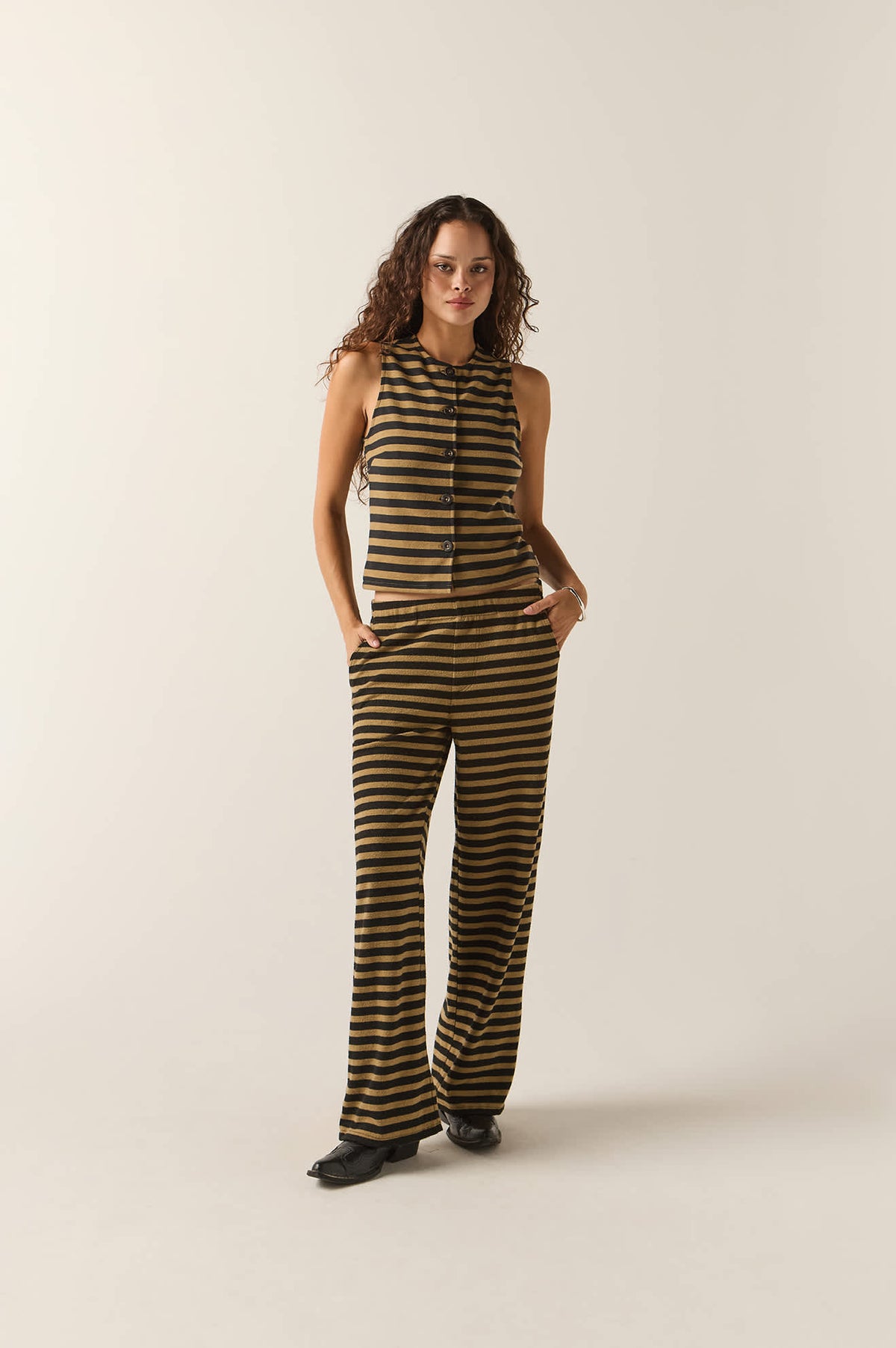 Women's The Audrey Knit Trouser Pant in the color Washed Black/Khaki Stripe - Women's Front View