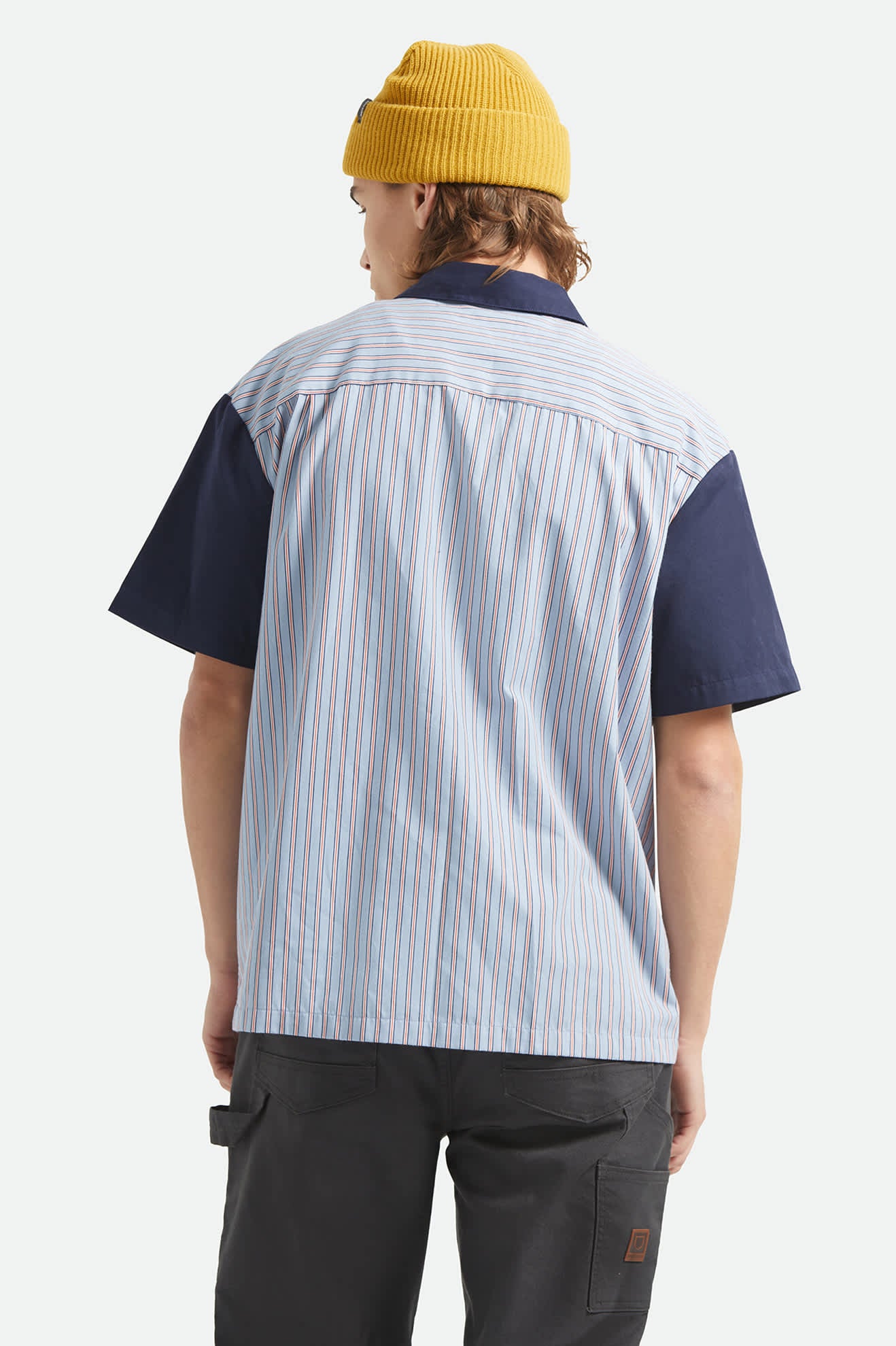 Men's Builders Olson Short Sleeve Shirt in the color Blue Aura Stripe - Men's Back View