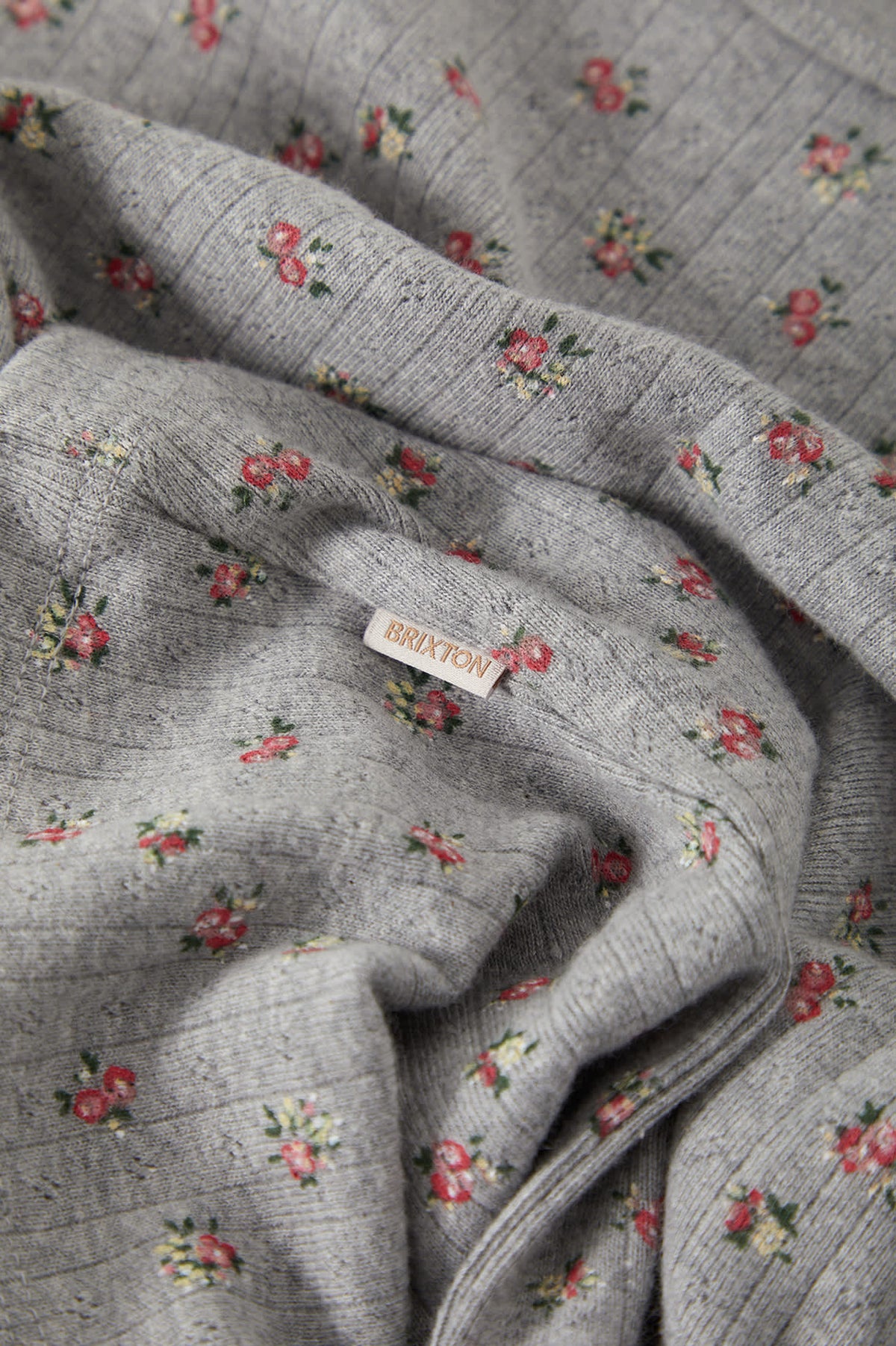 Women's Off Duty Pointelle Knit Top in the color Heather Grey Ditsy Floral - Additional Laydown image