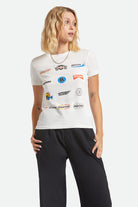 Women's Racing Patches Crew T-Shirt in the color Off White - Women's Front View