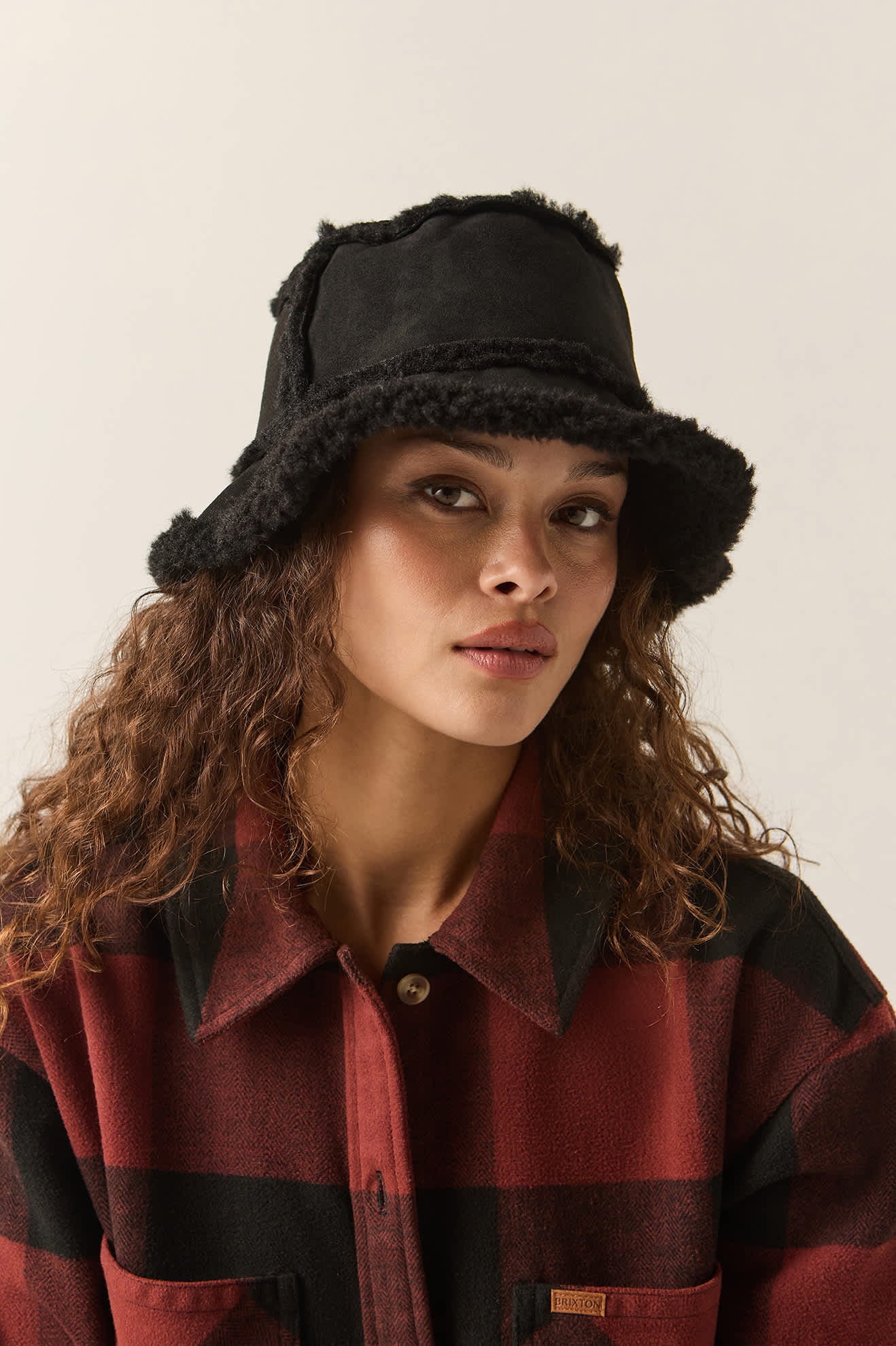 Women's Ellee Cozy Bucket Hat in the color Black Sherpa/Faux Suede - Additional Fit image