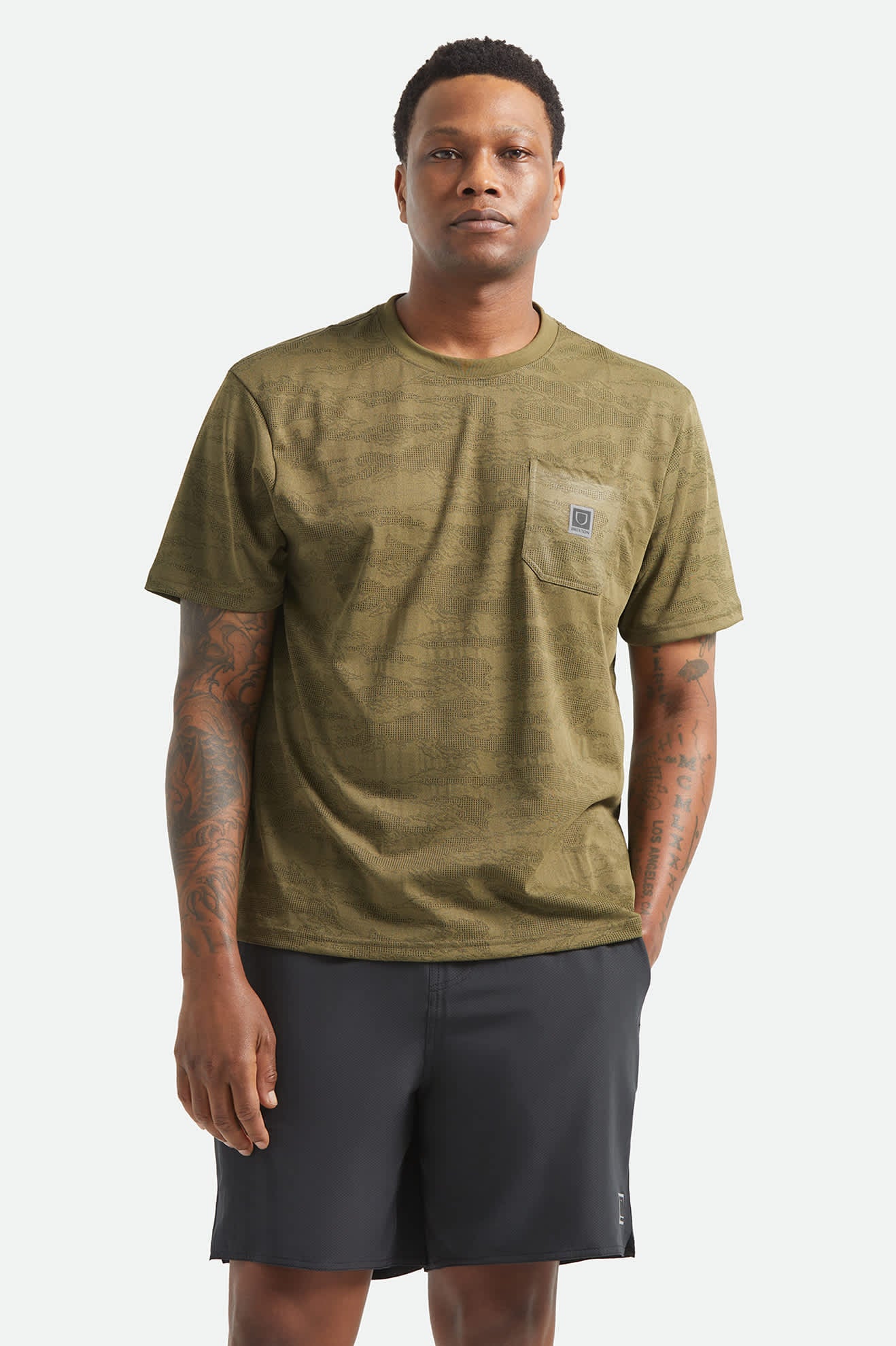 Men's Journey Short Sleeve Pocket T-Shirt in the color Olive Tiger Camo - Additional Fit image